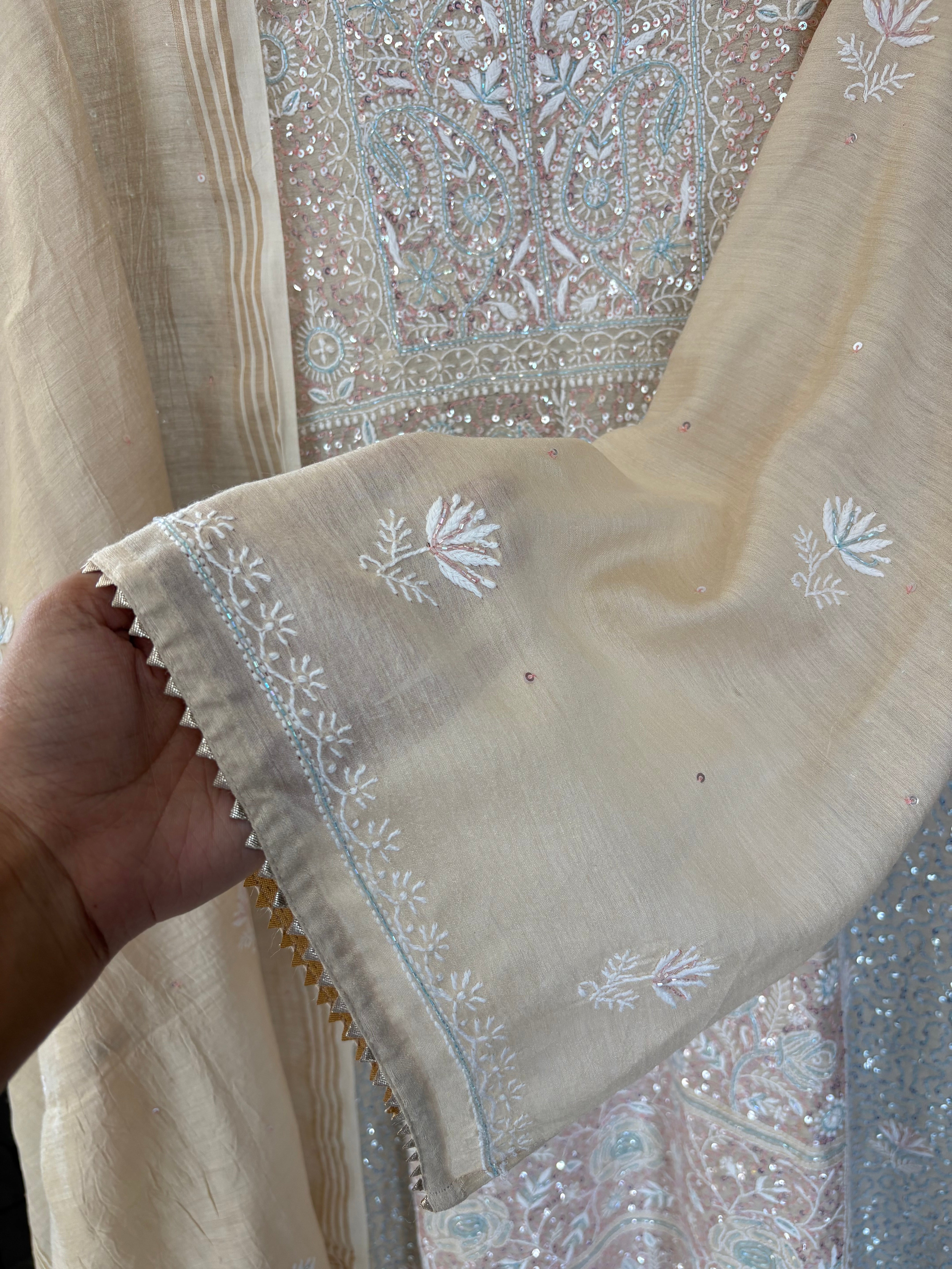Beige A-line suit in moonga silk