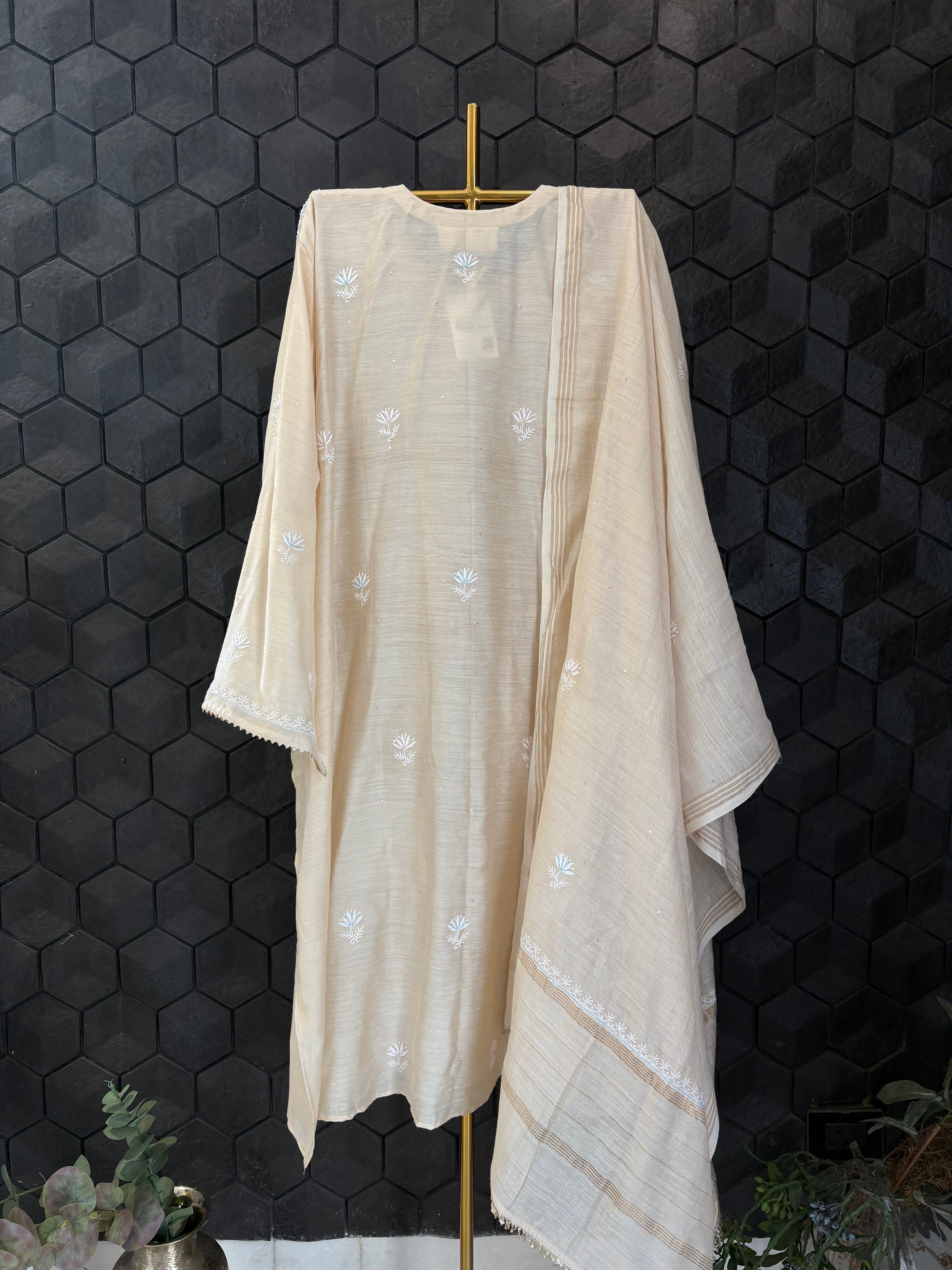 Beige A-line suit in moonga silk