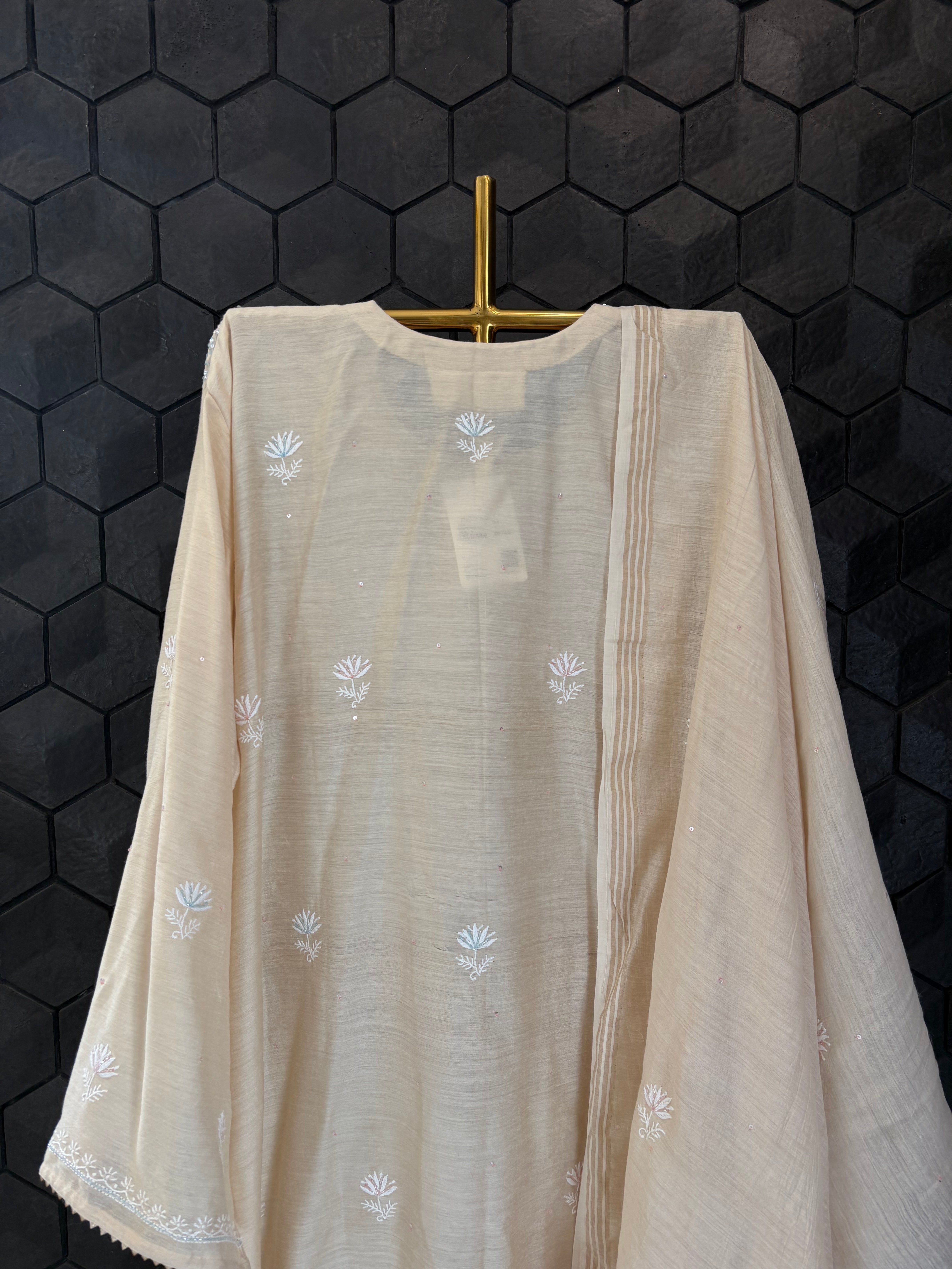 Beige A-line suit in moonga silk