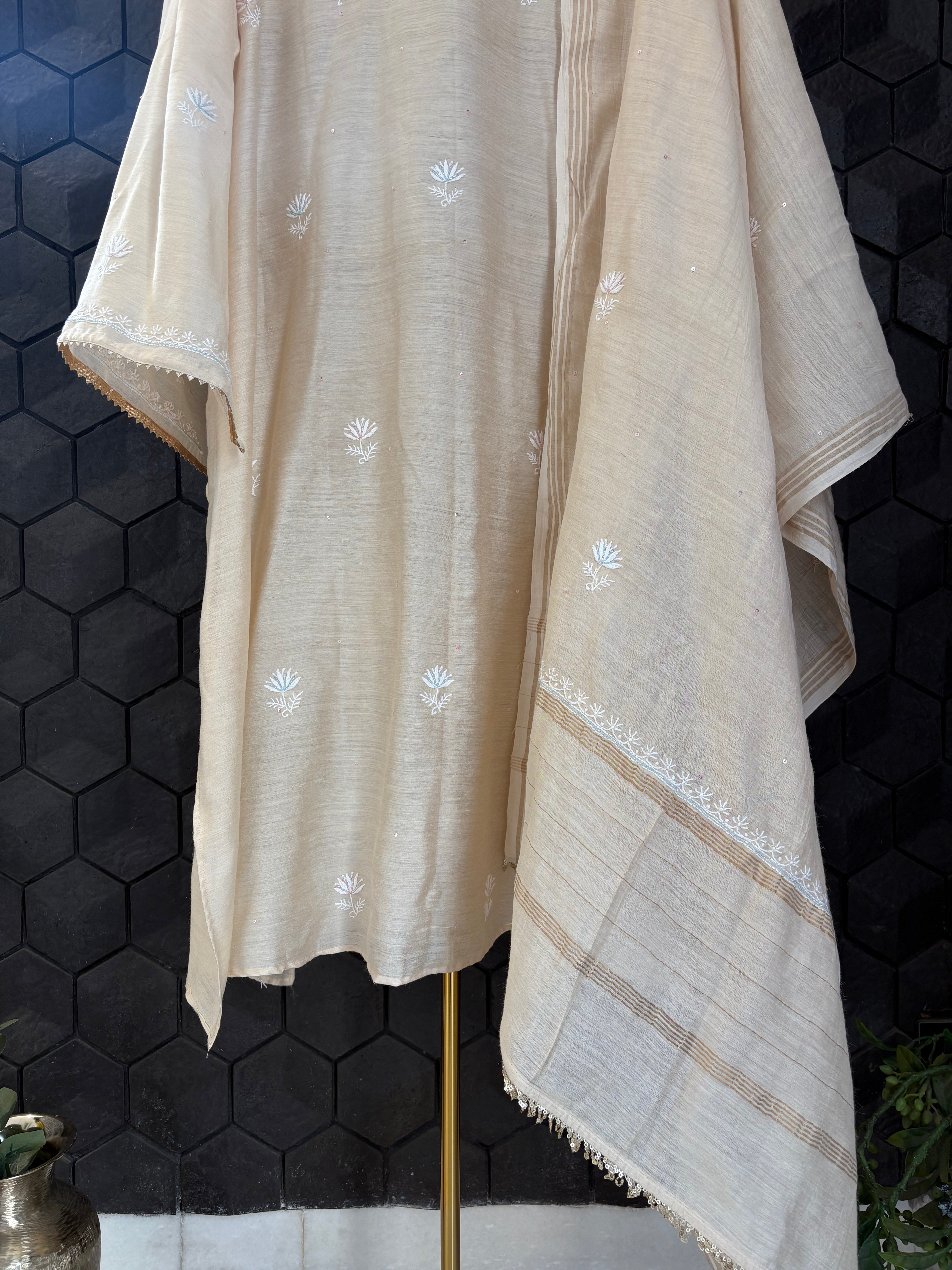 Beige A-line suit in moonga silk