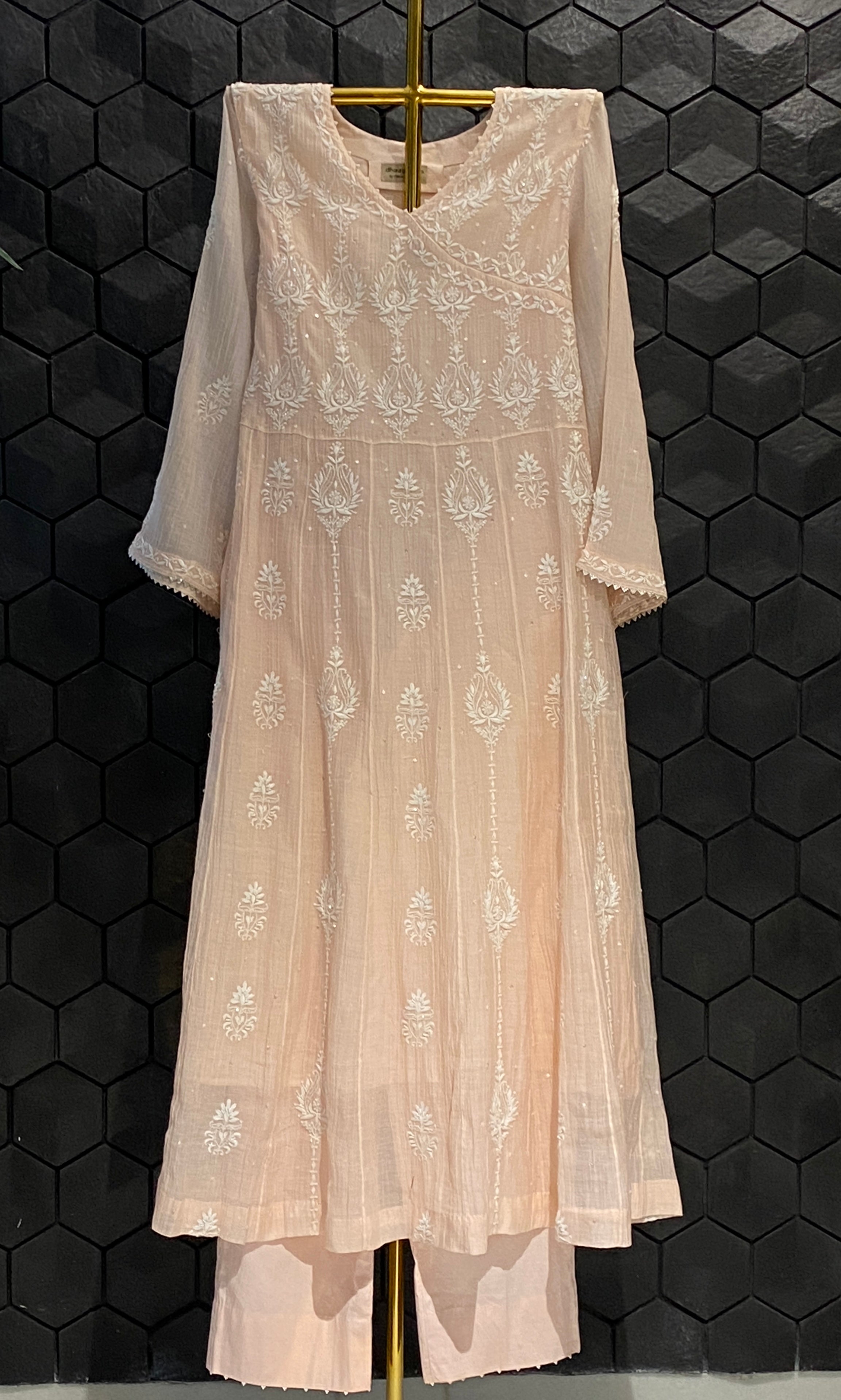 Peach mul chanderi Anarkali set