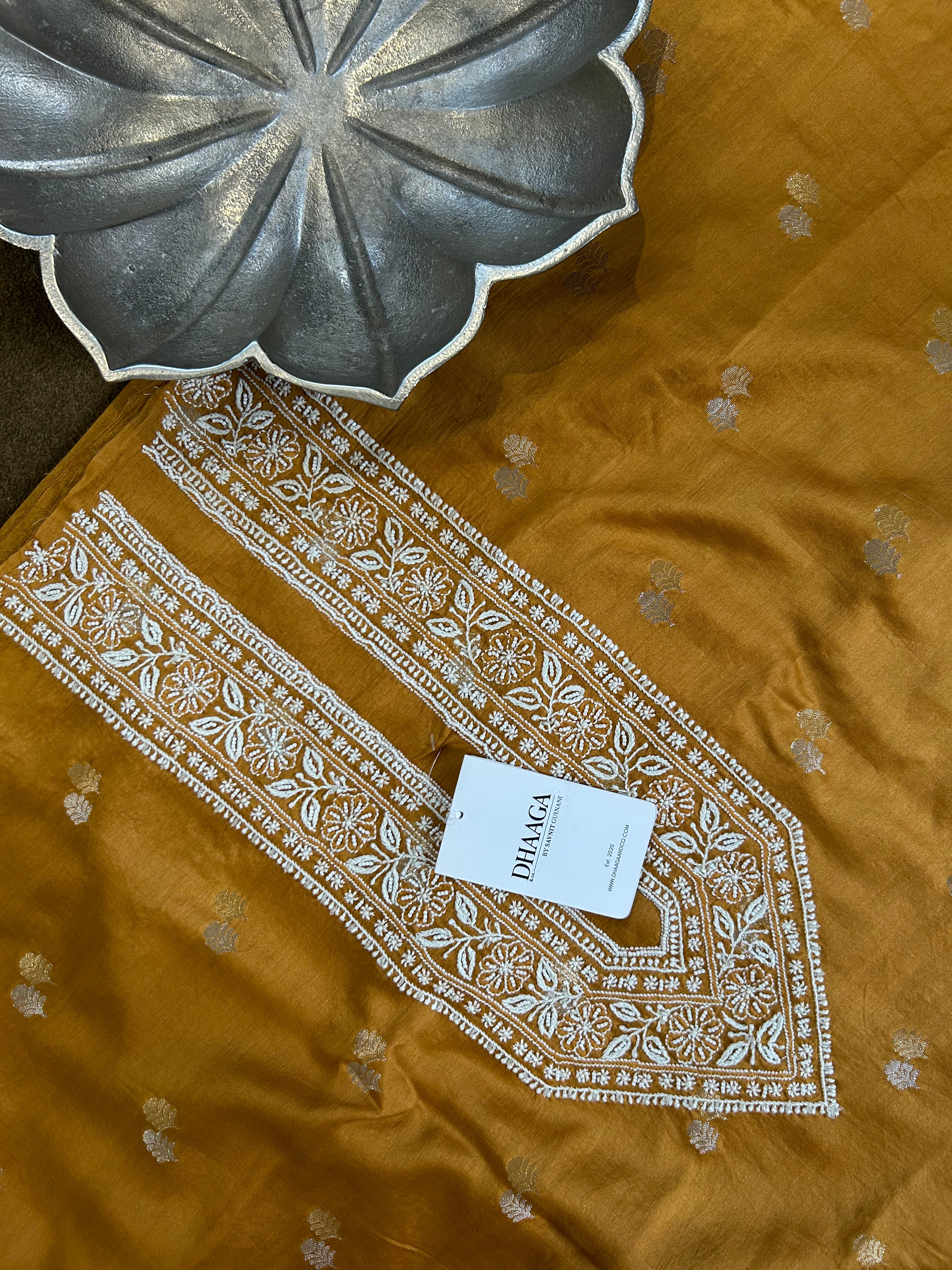 Mustard Chanderi Chikankari Mens kurta