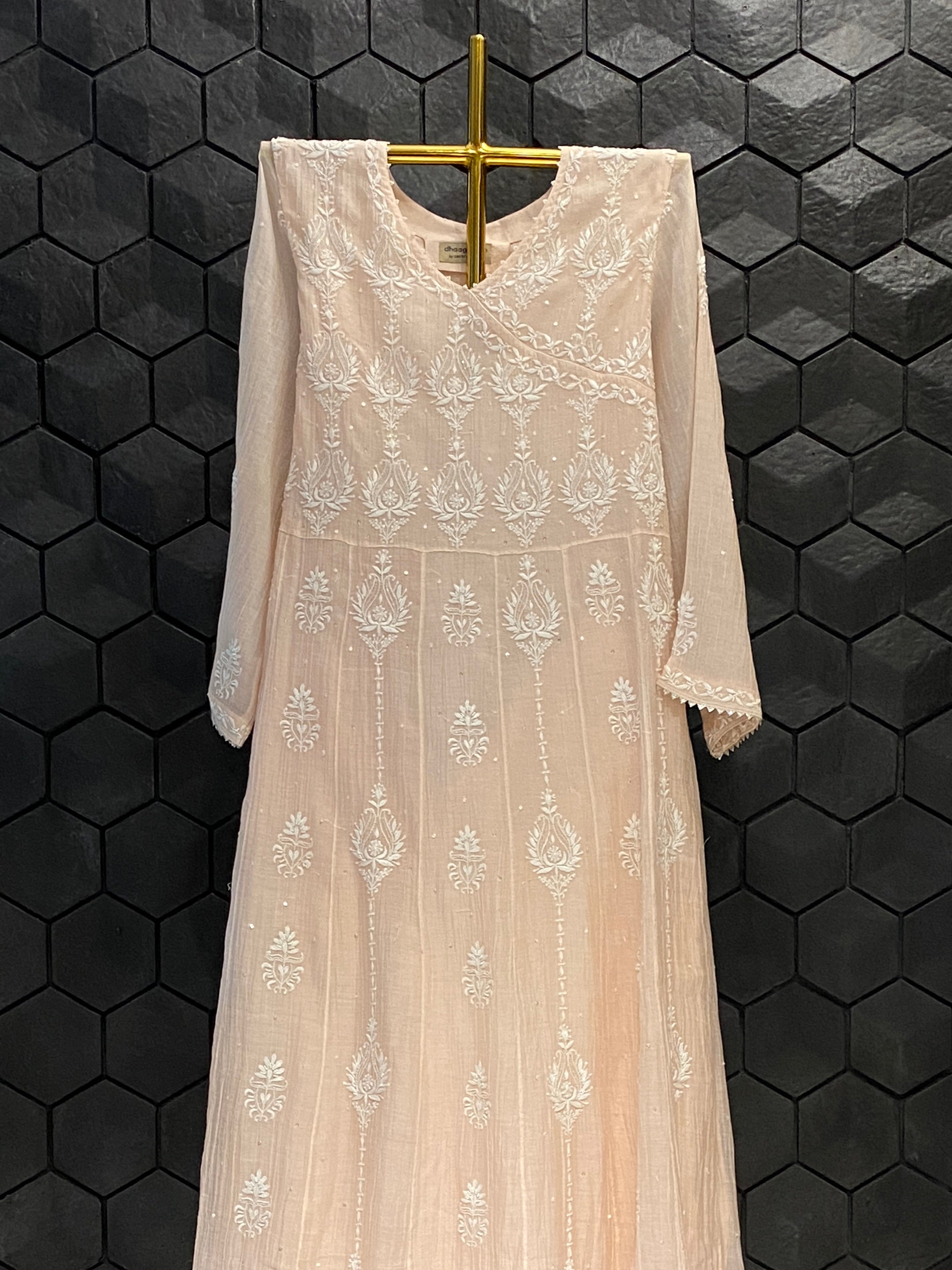 Peach mul chanderi Anarkali set