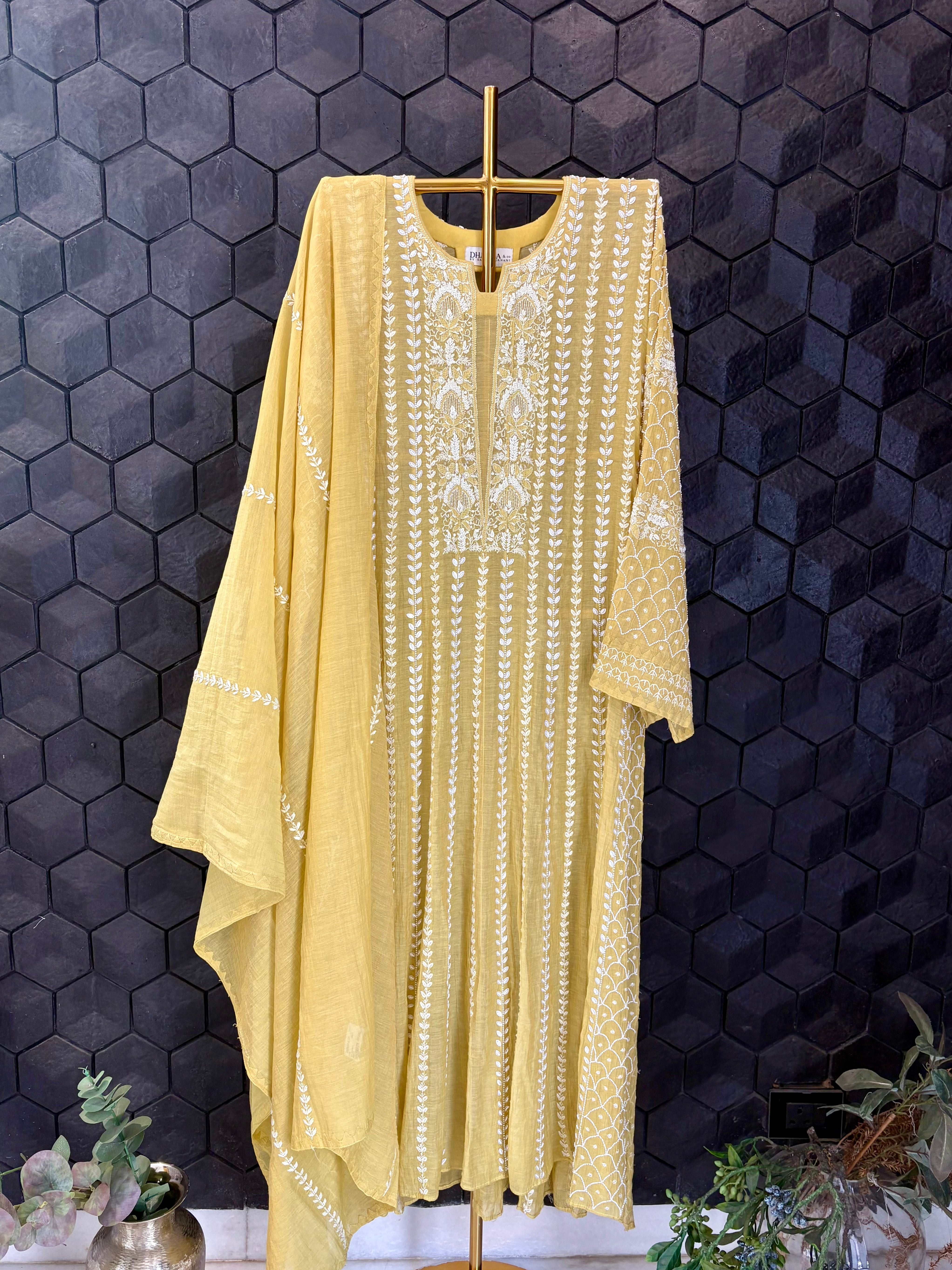 Lime Green Tissue Chikankari Anarkali Set