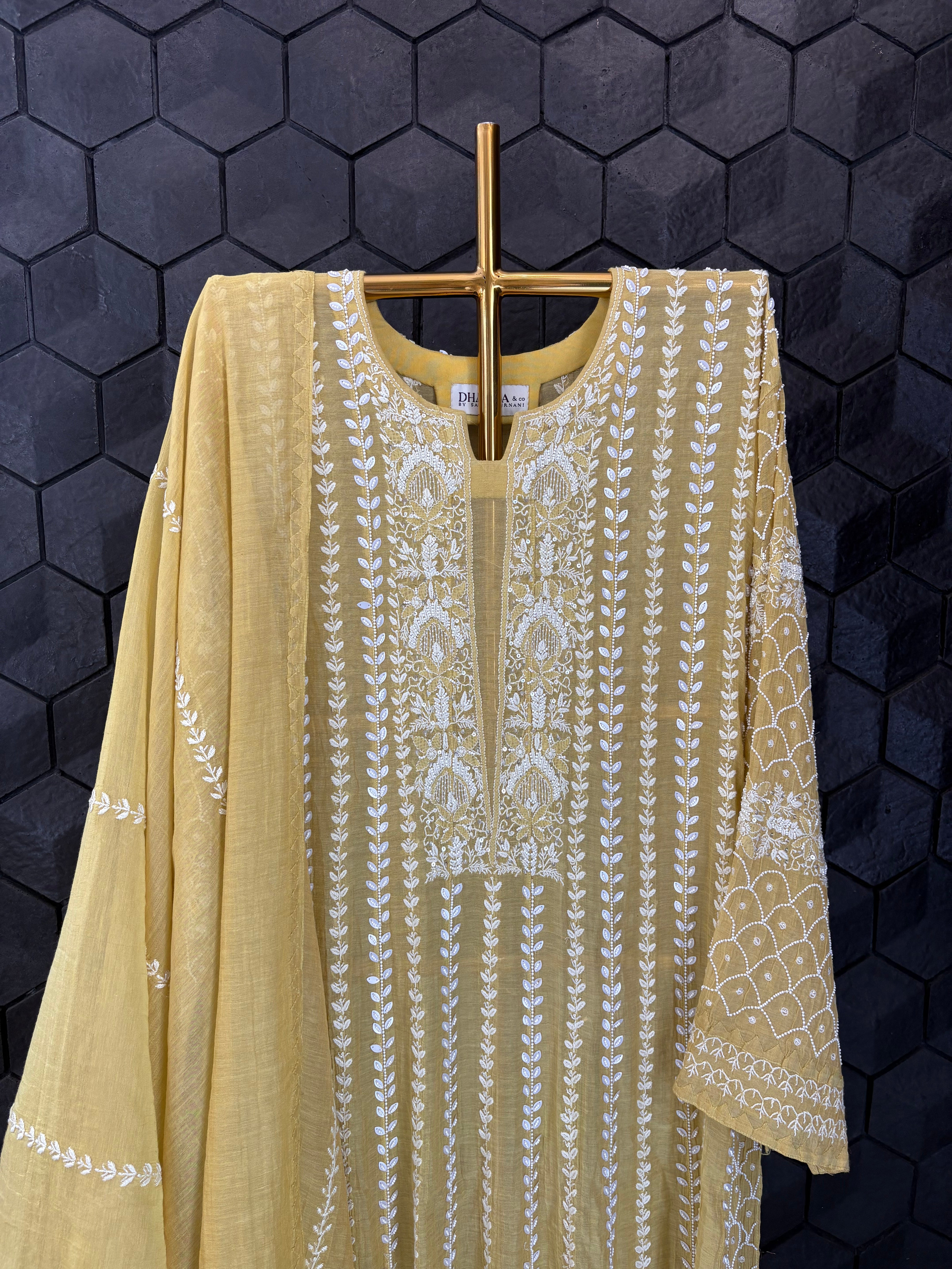 Lime Green Tissue Chikankari Anarkali Set