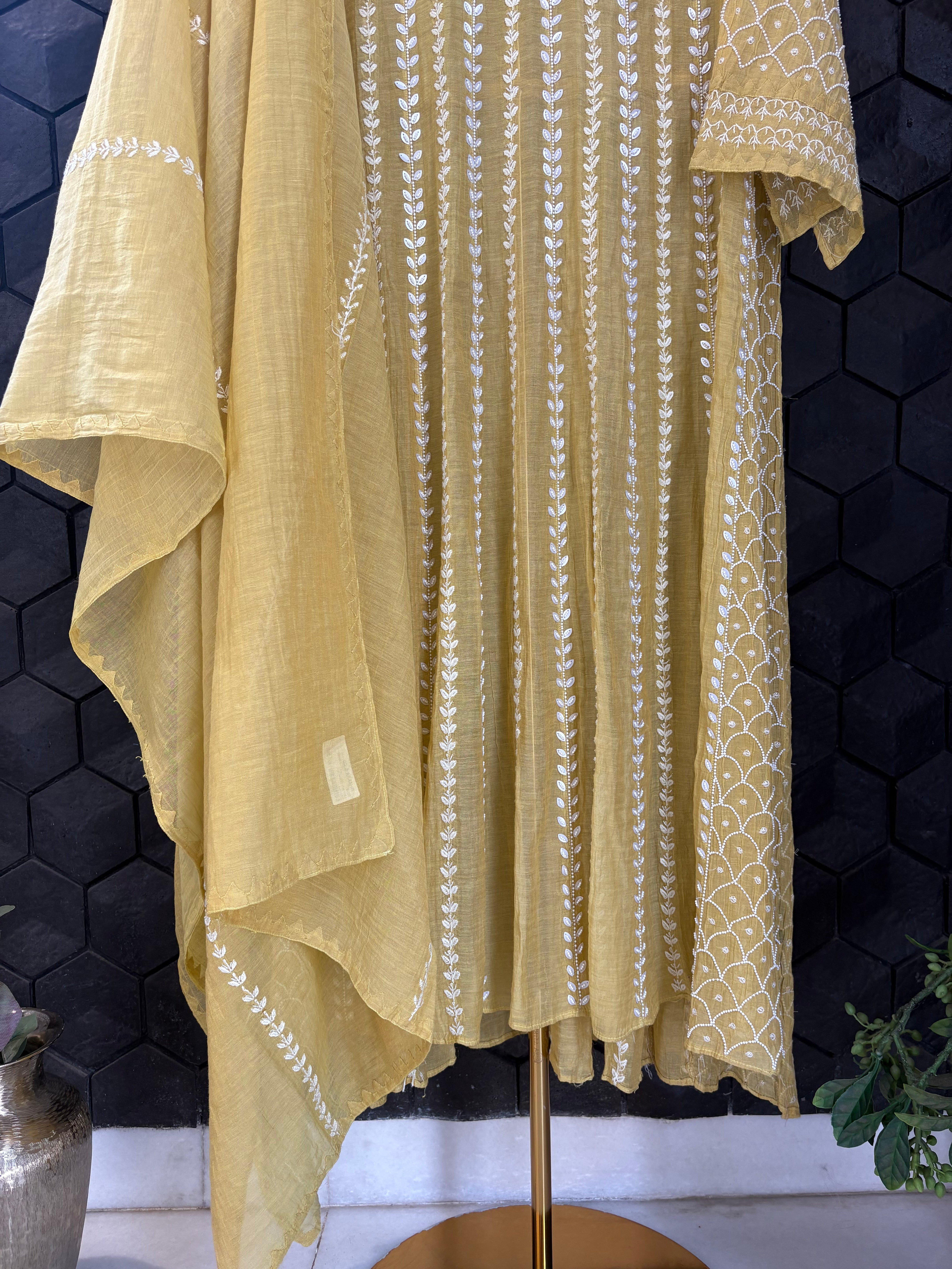 Lime Green Tissue Chikankari Anarkali Set