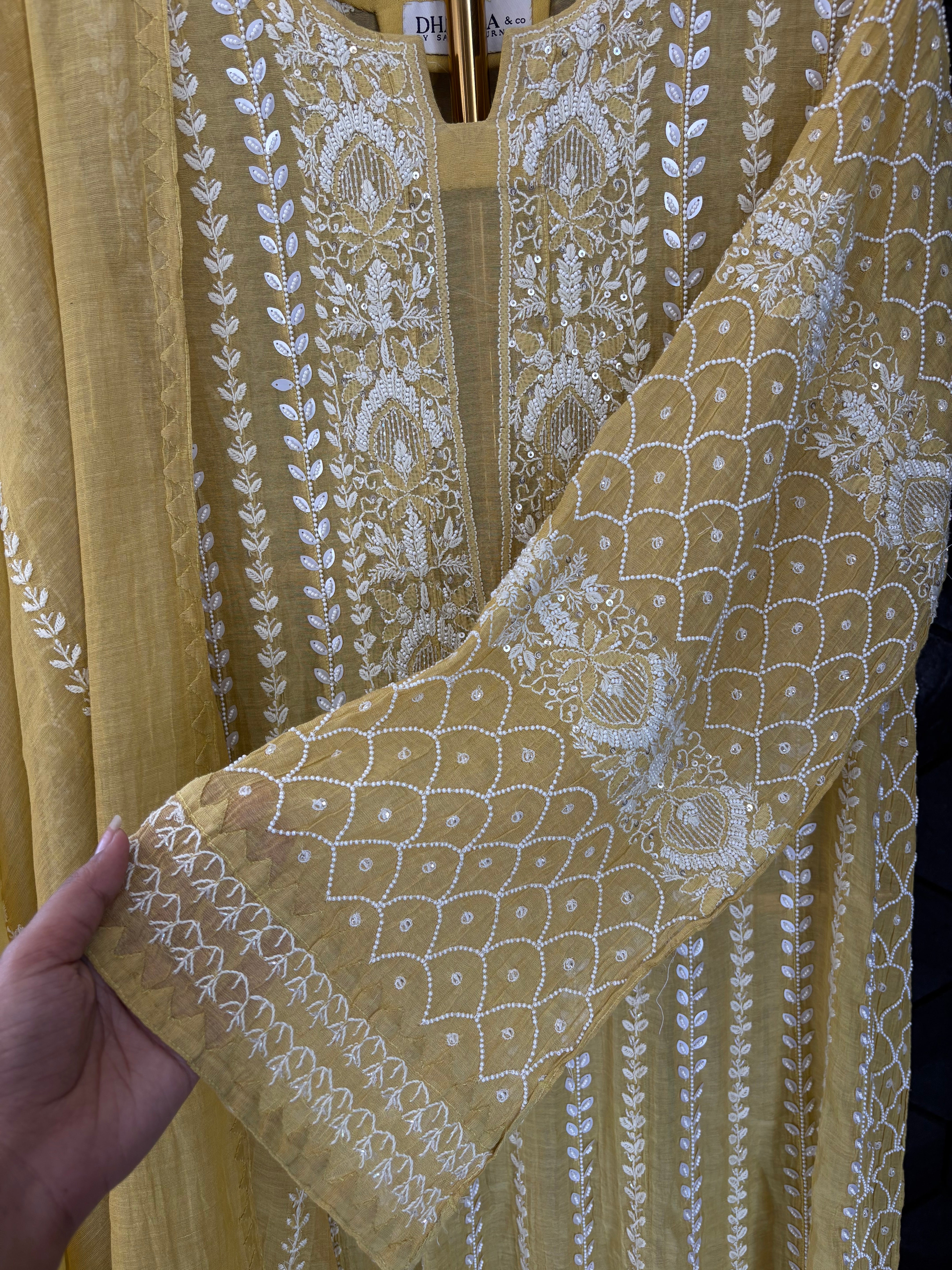 Lime Green Tissue Chikankari Anarkali Set