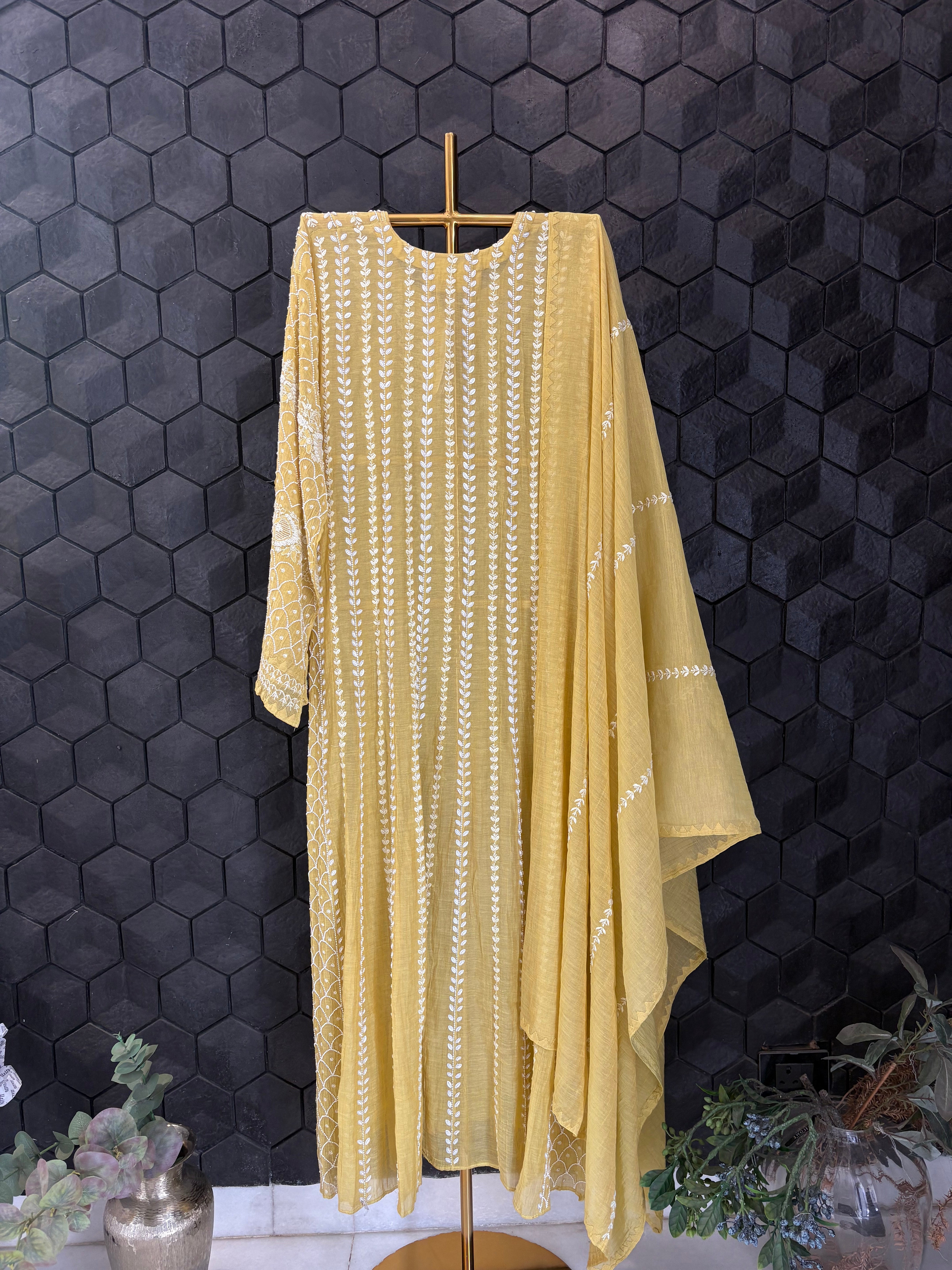 Lime Green Tissue Chikankari Anarkali Set
