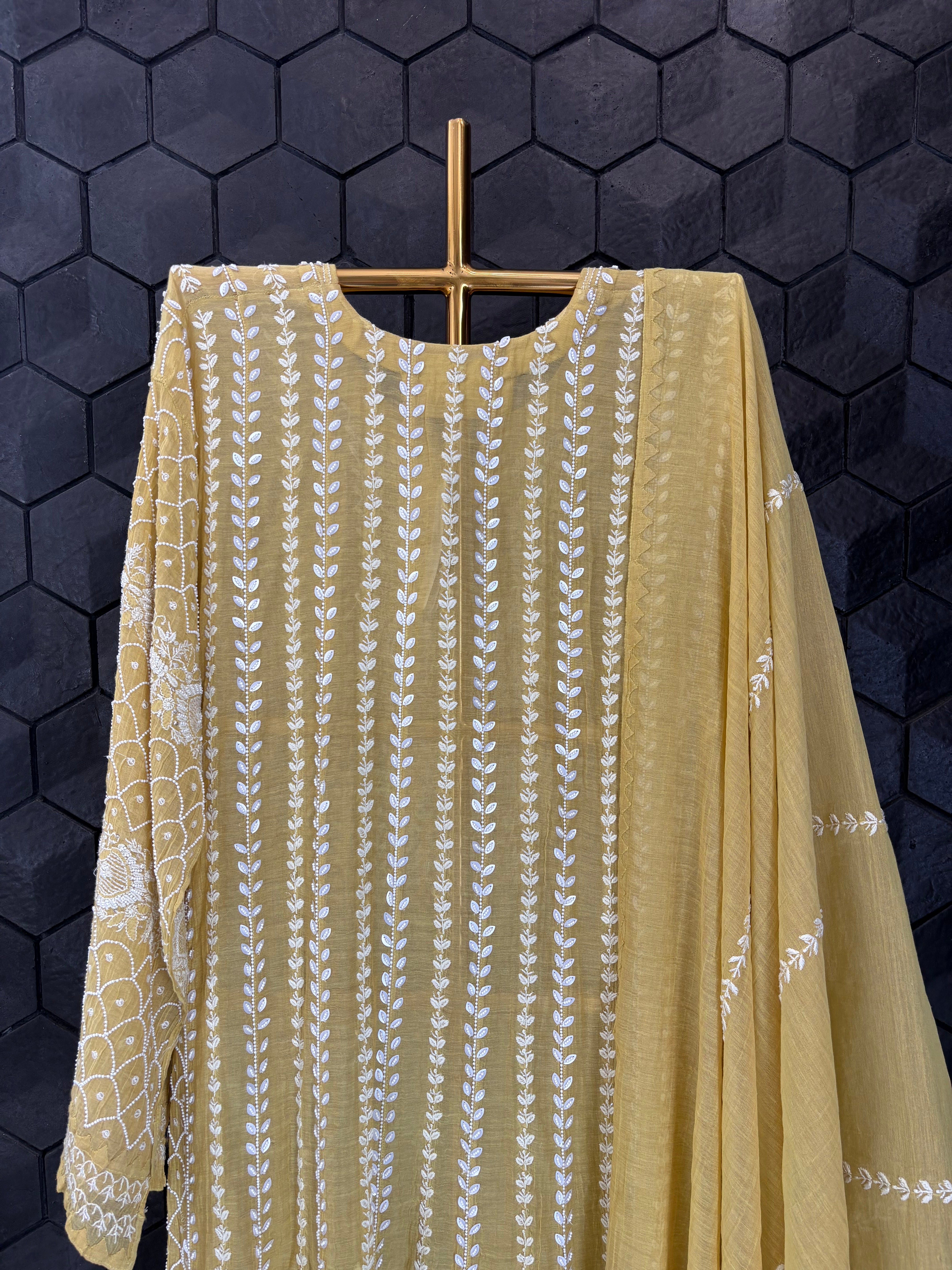 Lime Green Tissue Chikankari Anarkali Set