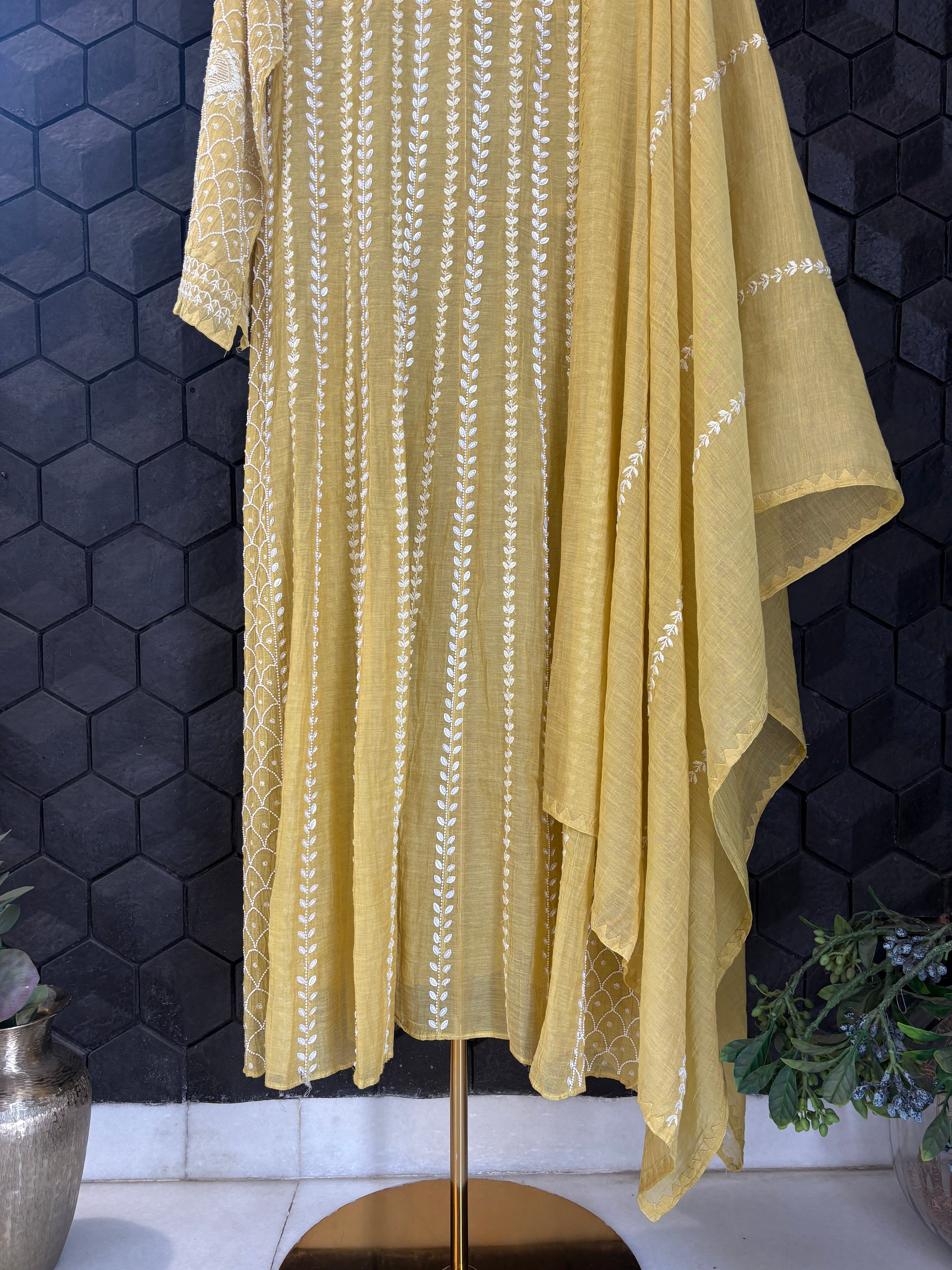 Lime Green Tissue Chikankari Anarkali Set