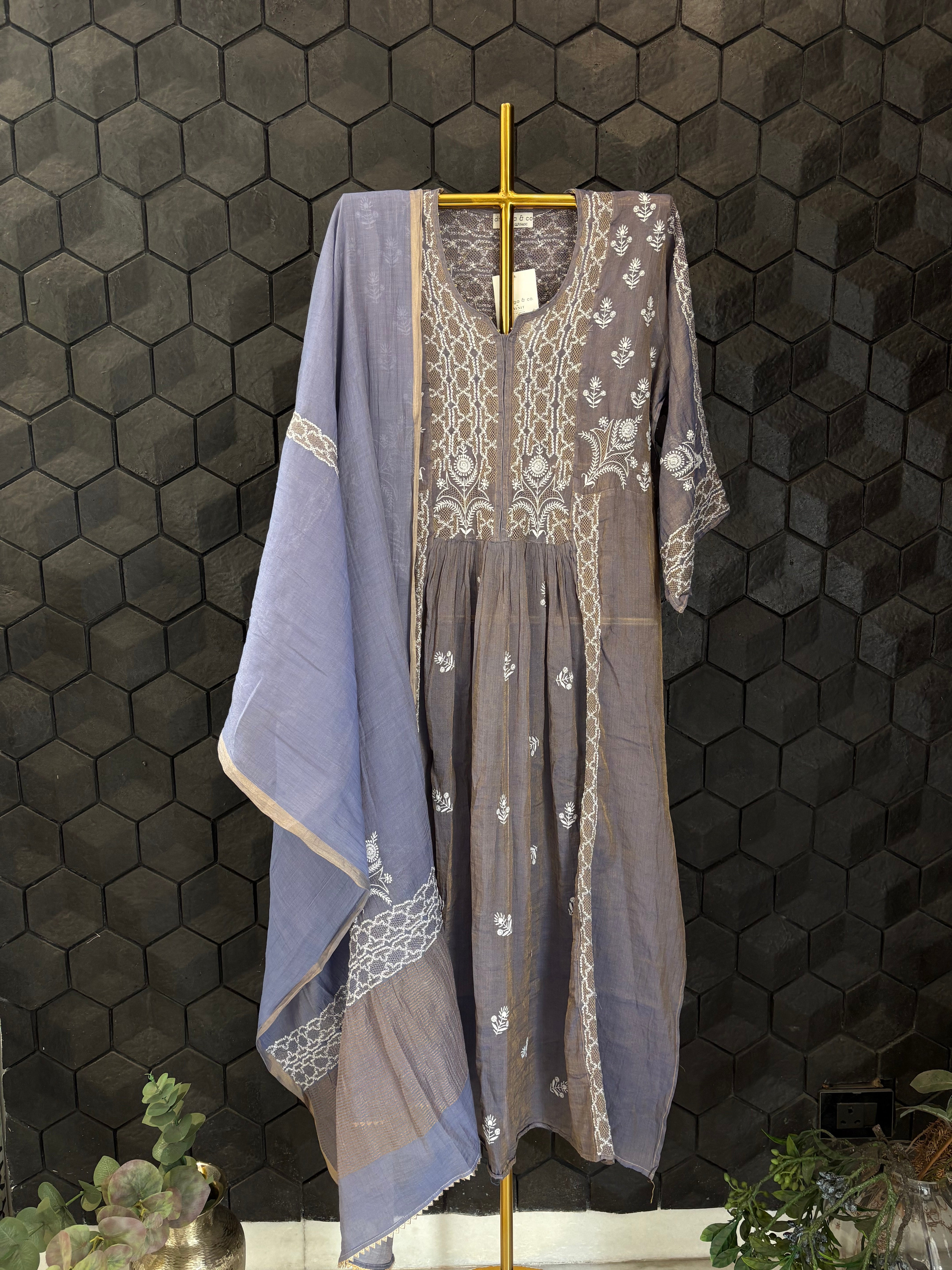 Purple Tissue Chikankari Kurta Set