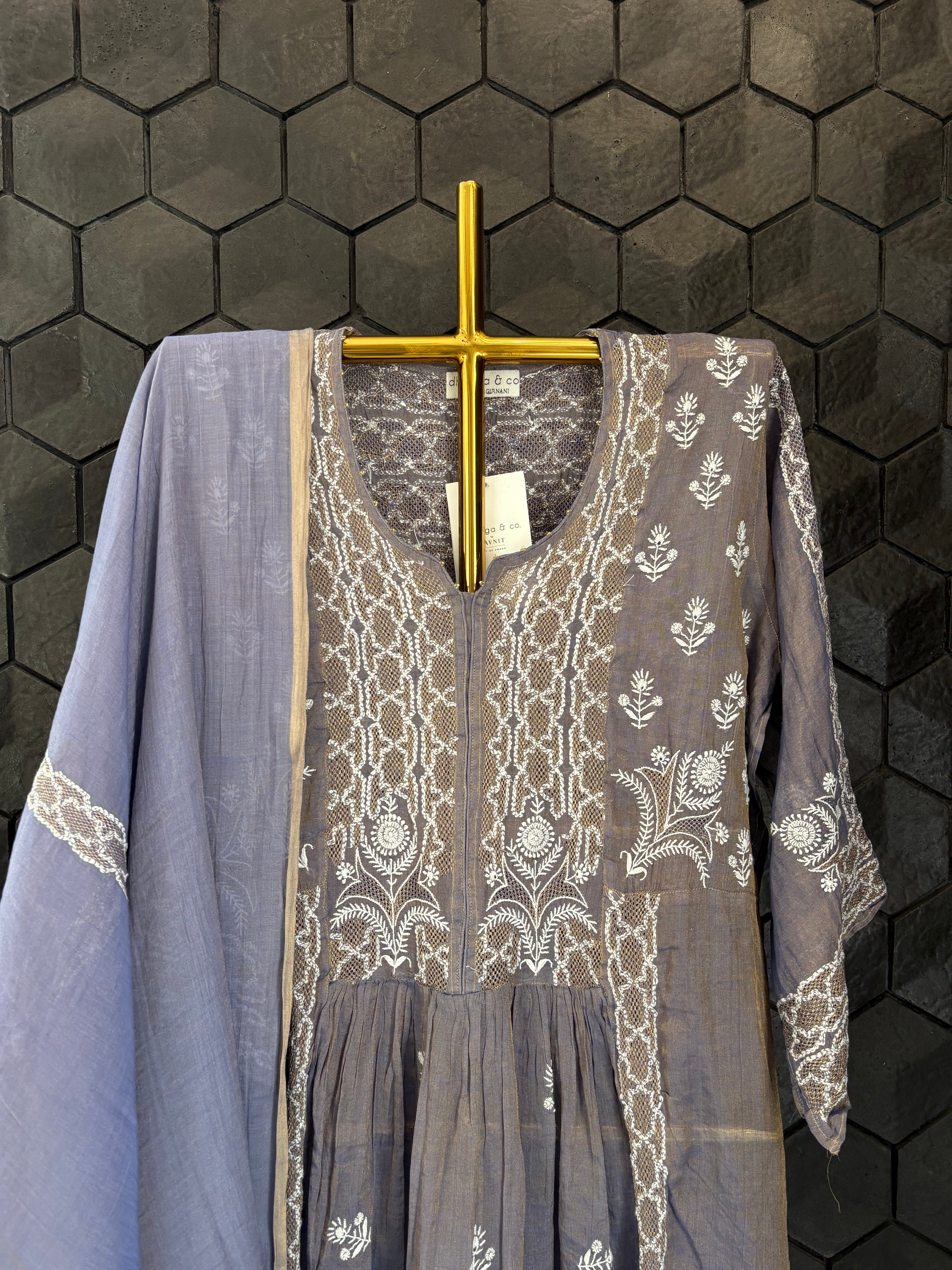 Purple Tissue Chikankari Kurta Set