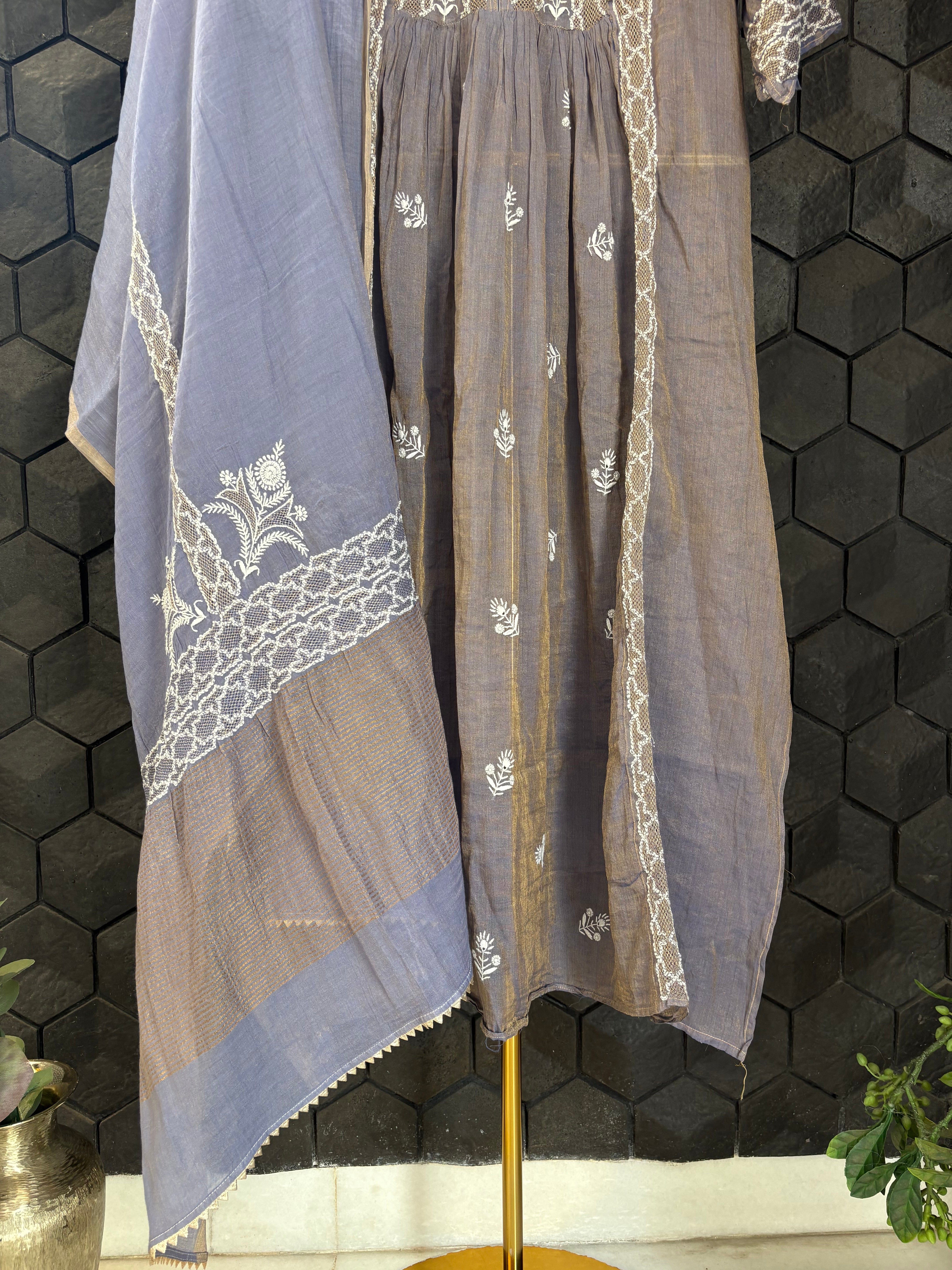 Purple Tissue Chikankari Kurta Set