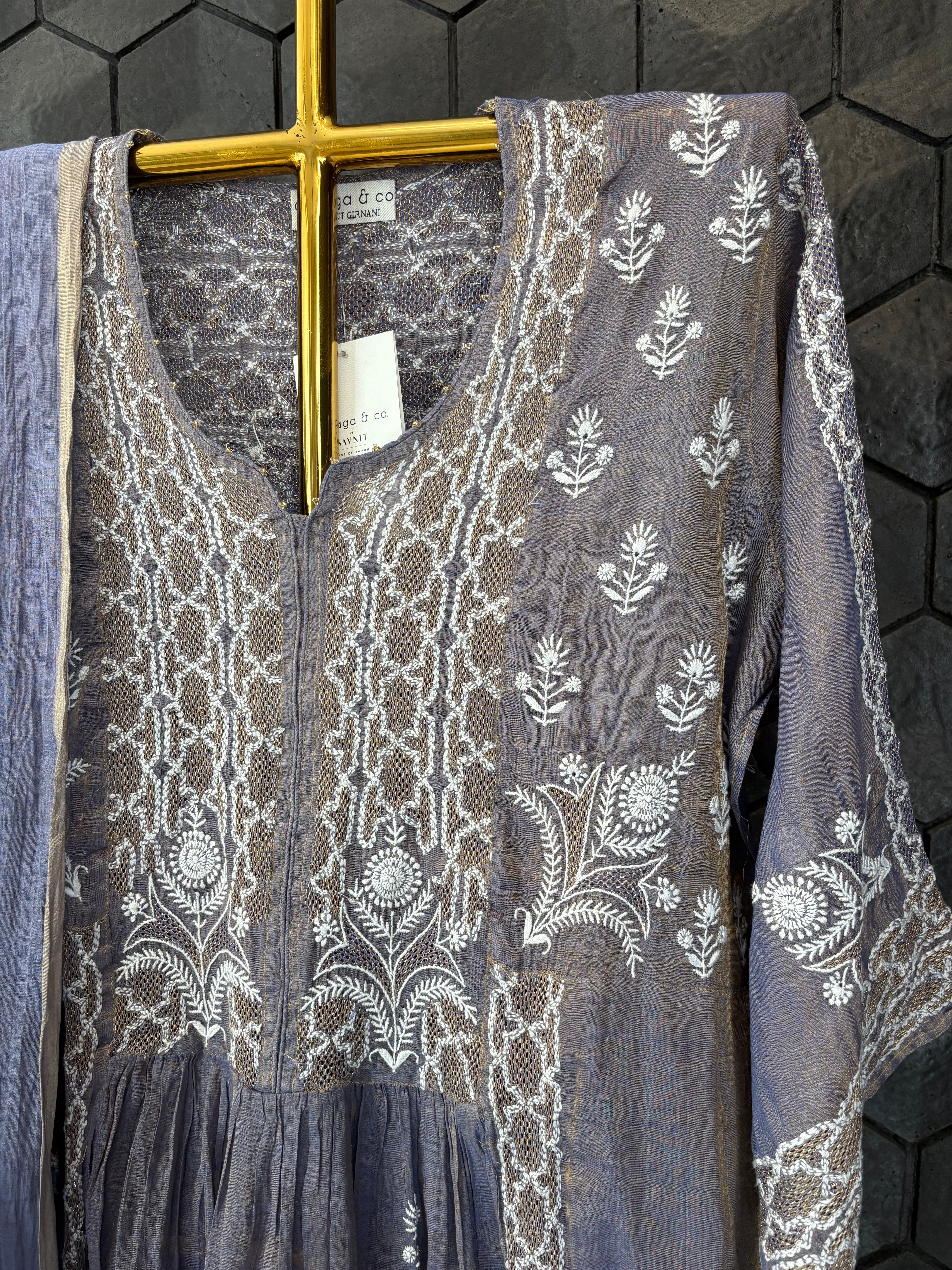 Purple Tissue Chikankari Kurta Set