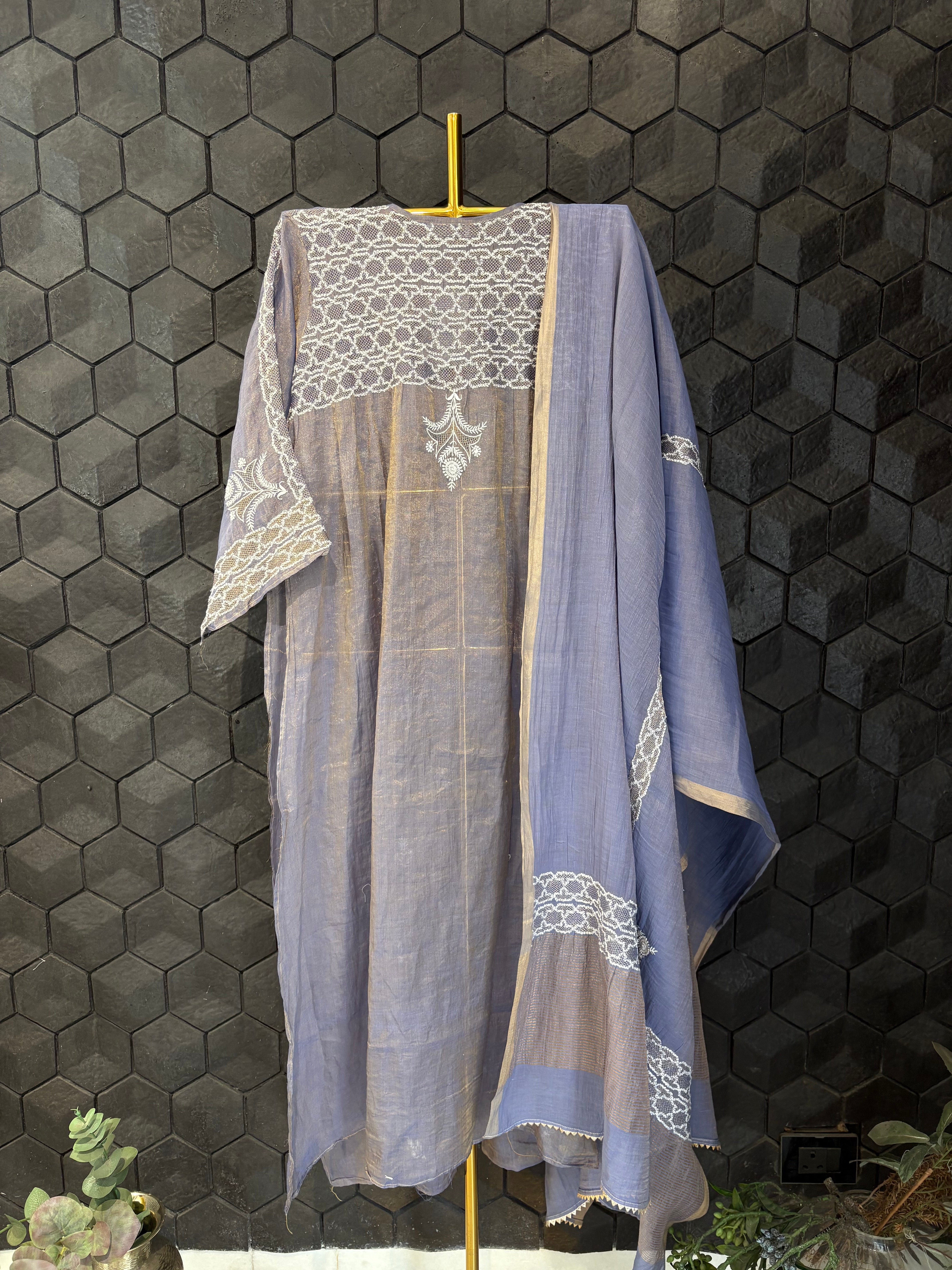 Purple Tissue Chikankari Kurta Set