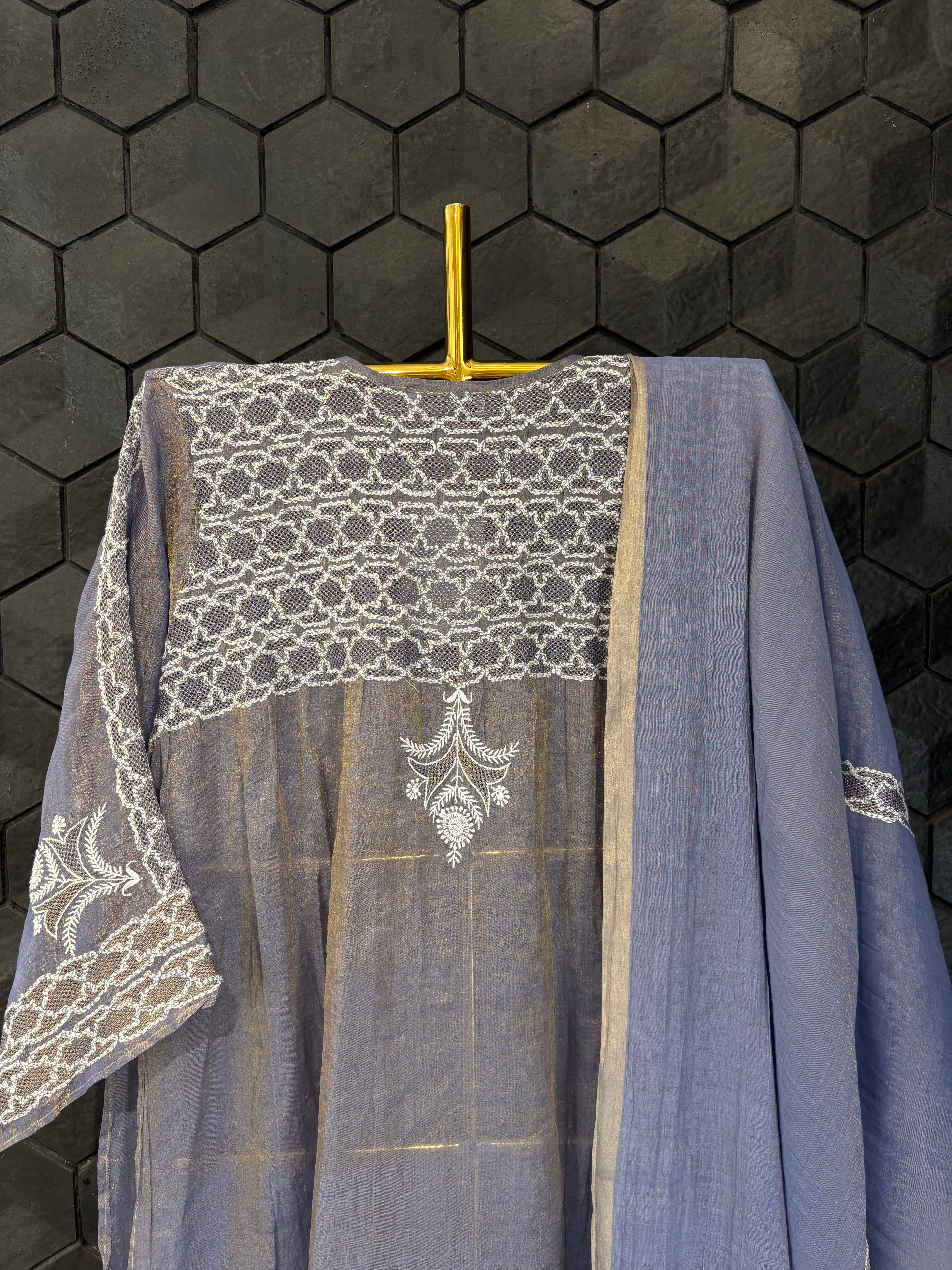 Purple Tissue Chikankari Kurta Set