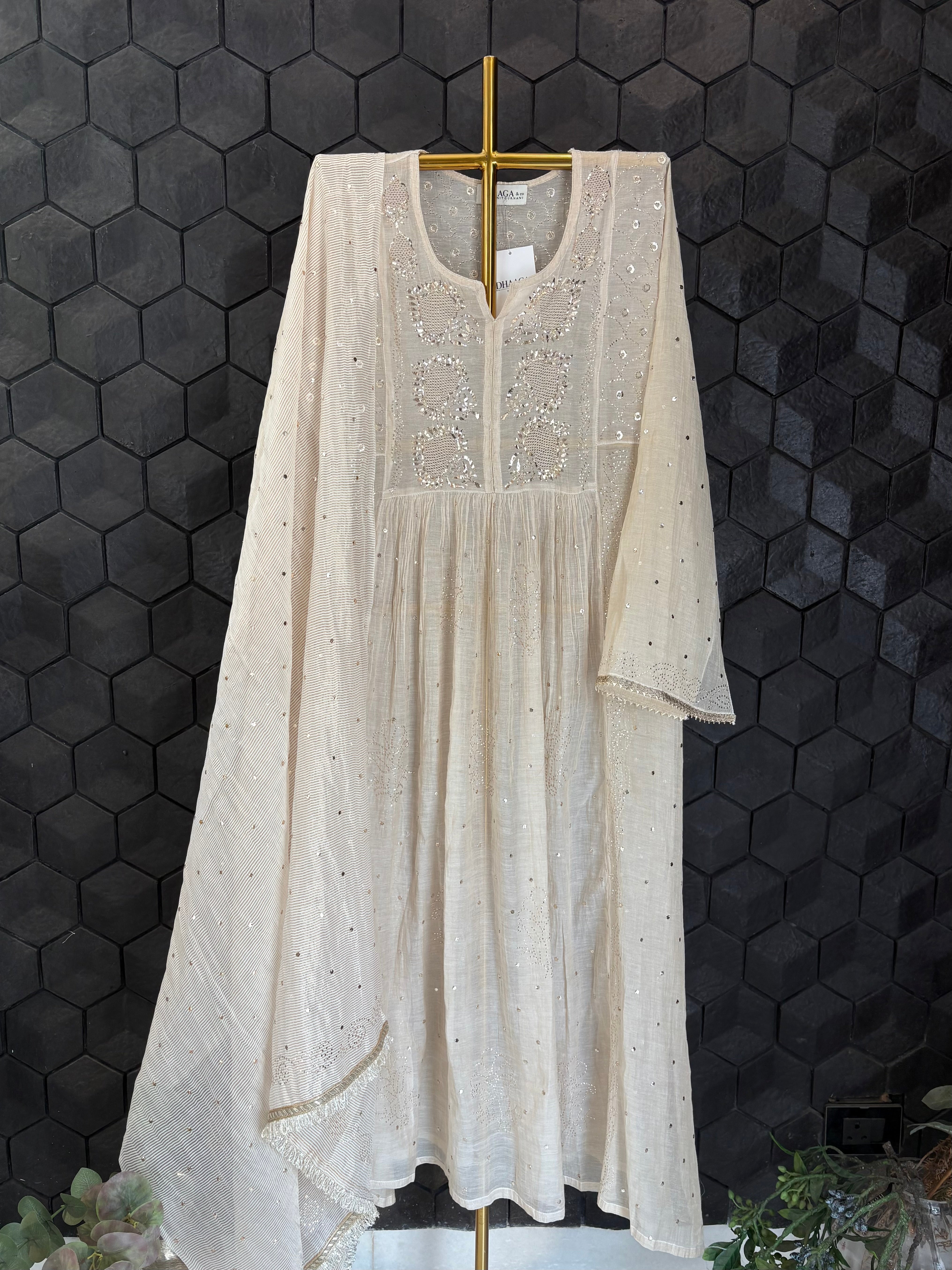 Beige Tissue Mukaish Kurta Set