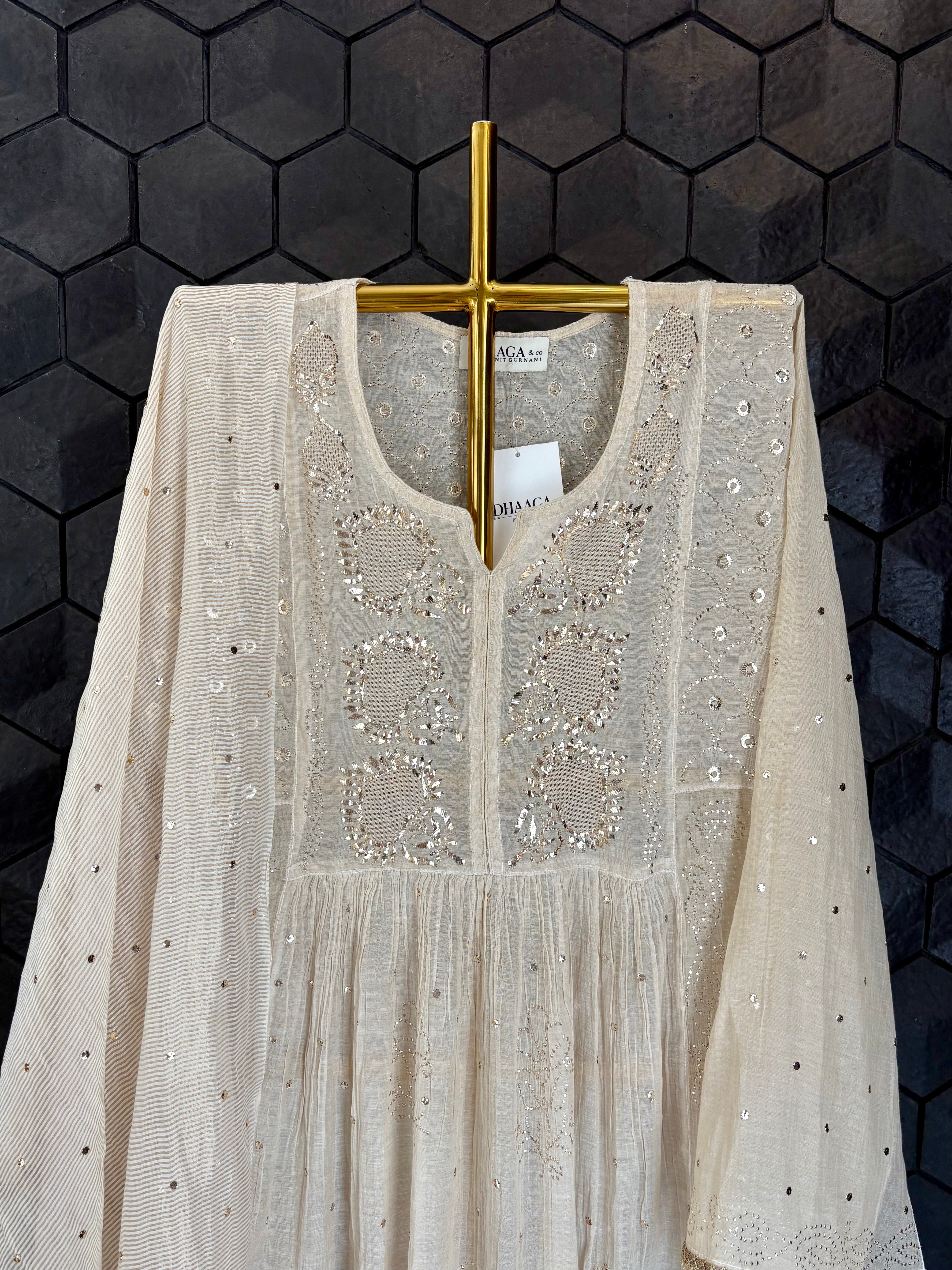Beige Tissue Mukaish Kurta Set