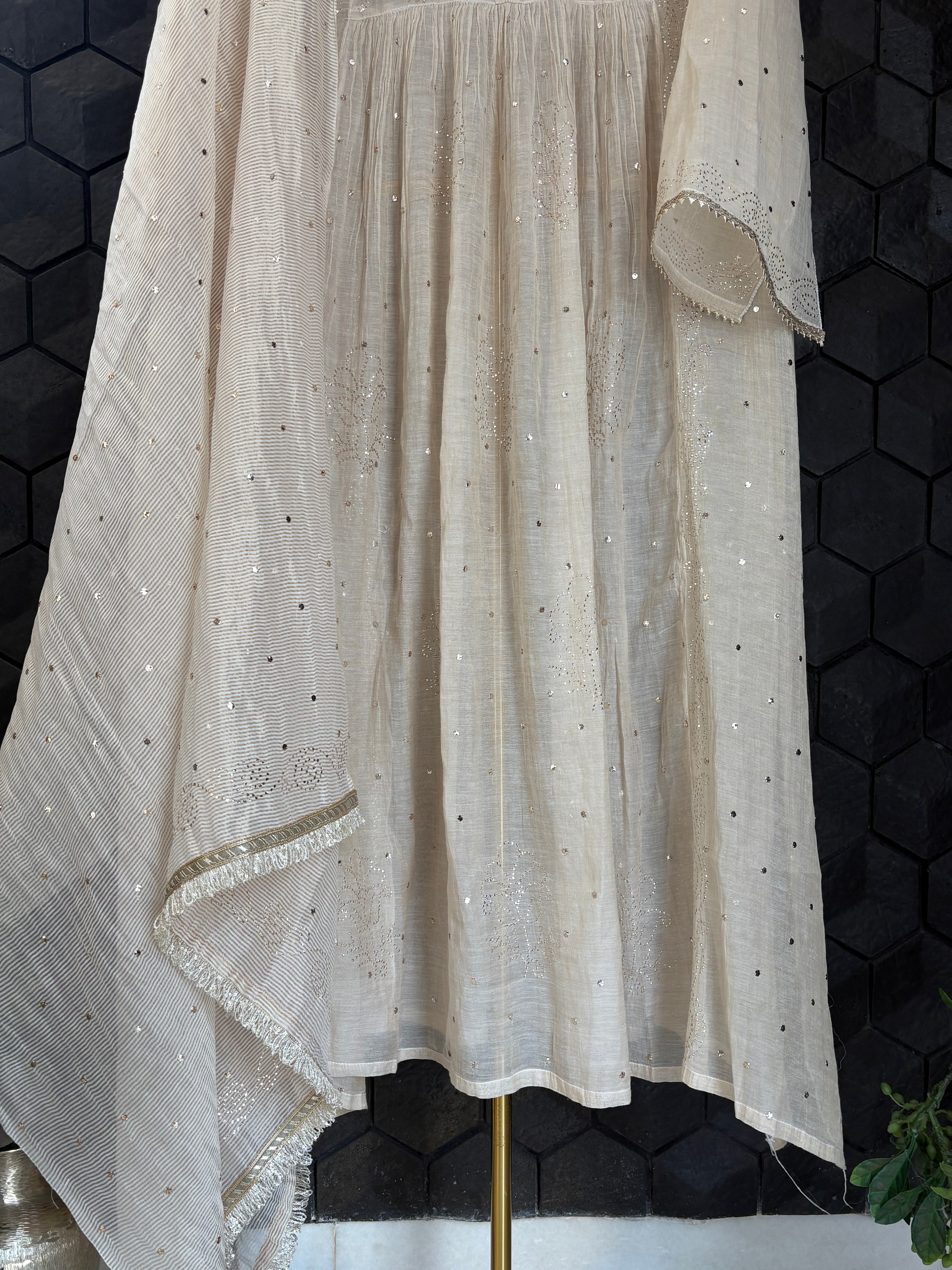 Beige Tissue Mukaish Kurta Set