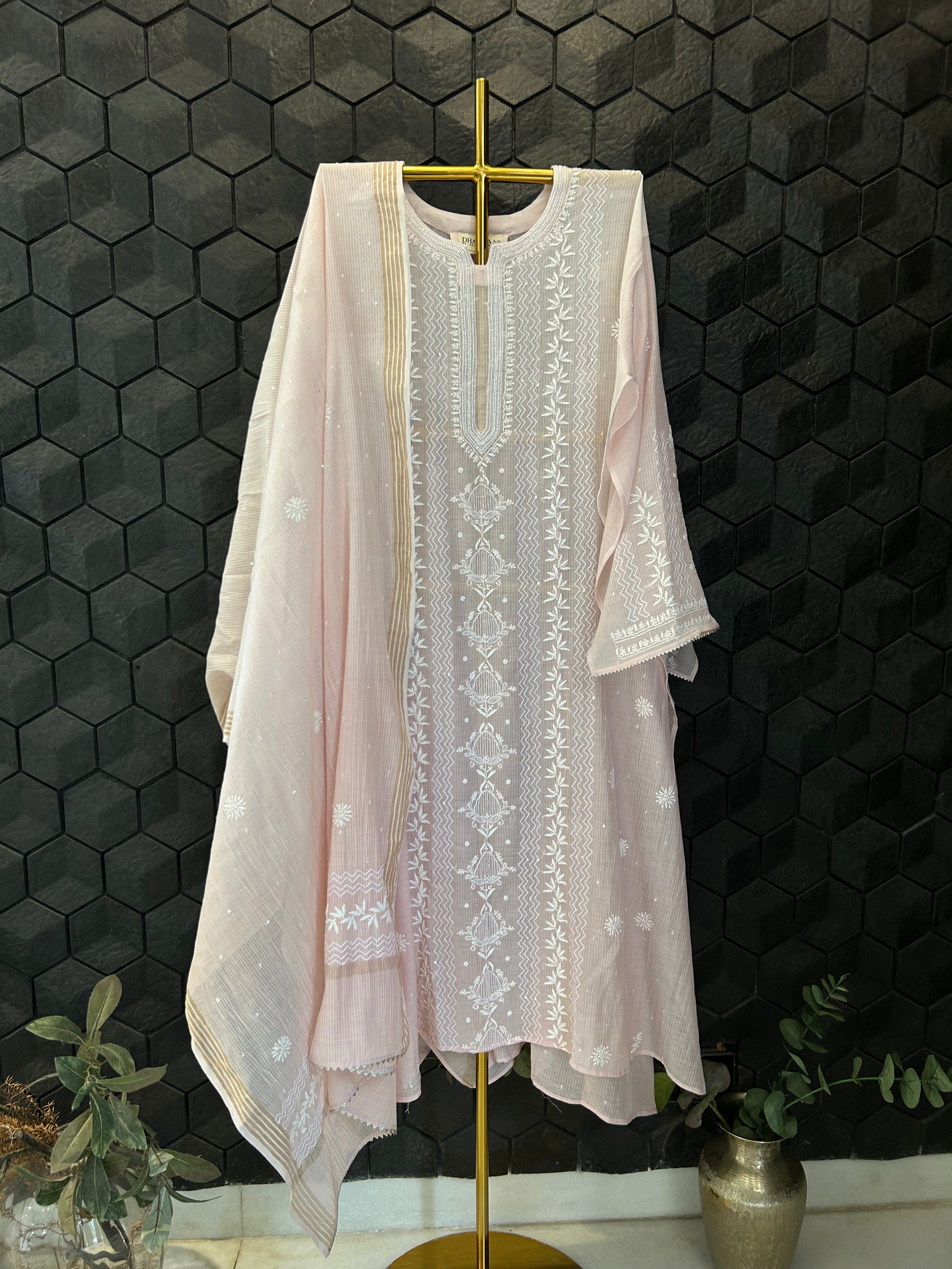Pink Maheshwari Chikankari Kurta Set