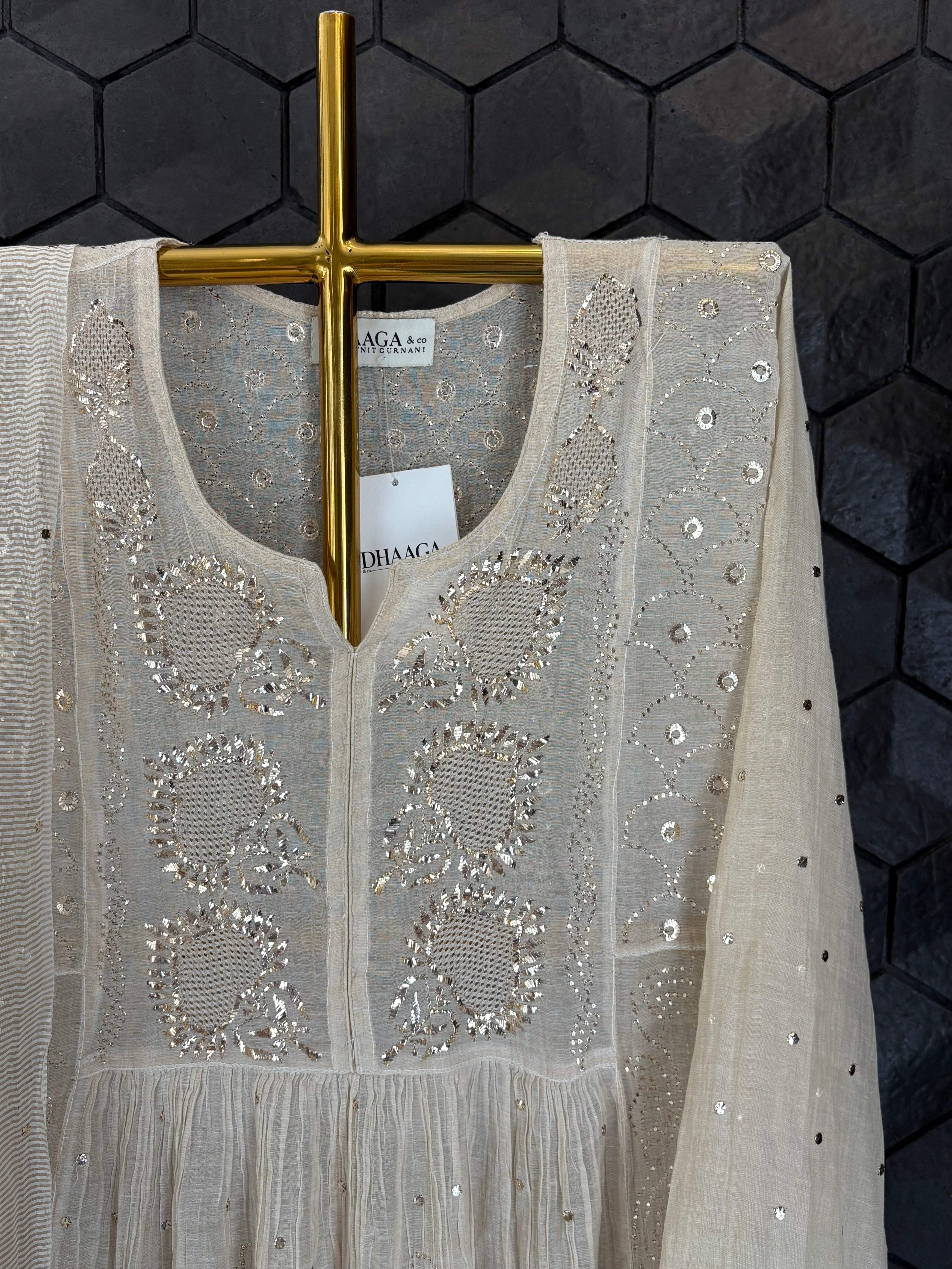 Beige Tissue Mukaish Kurta Set