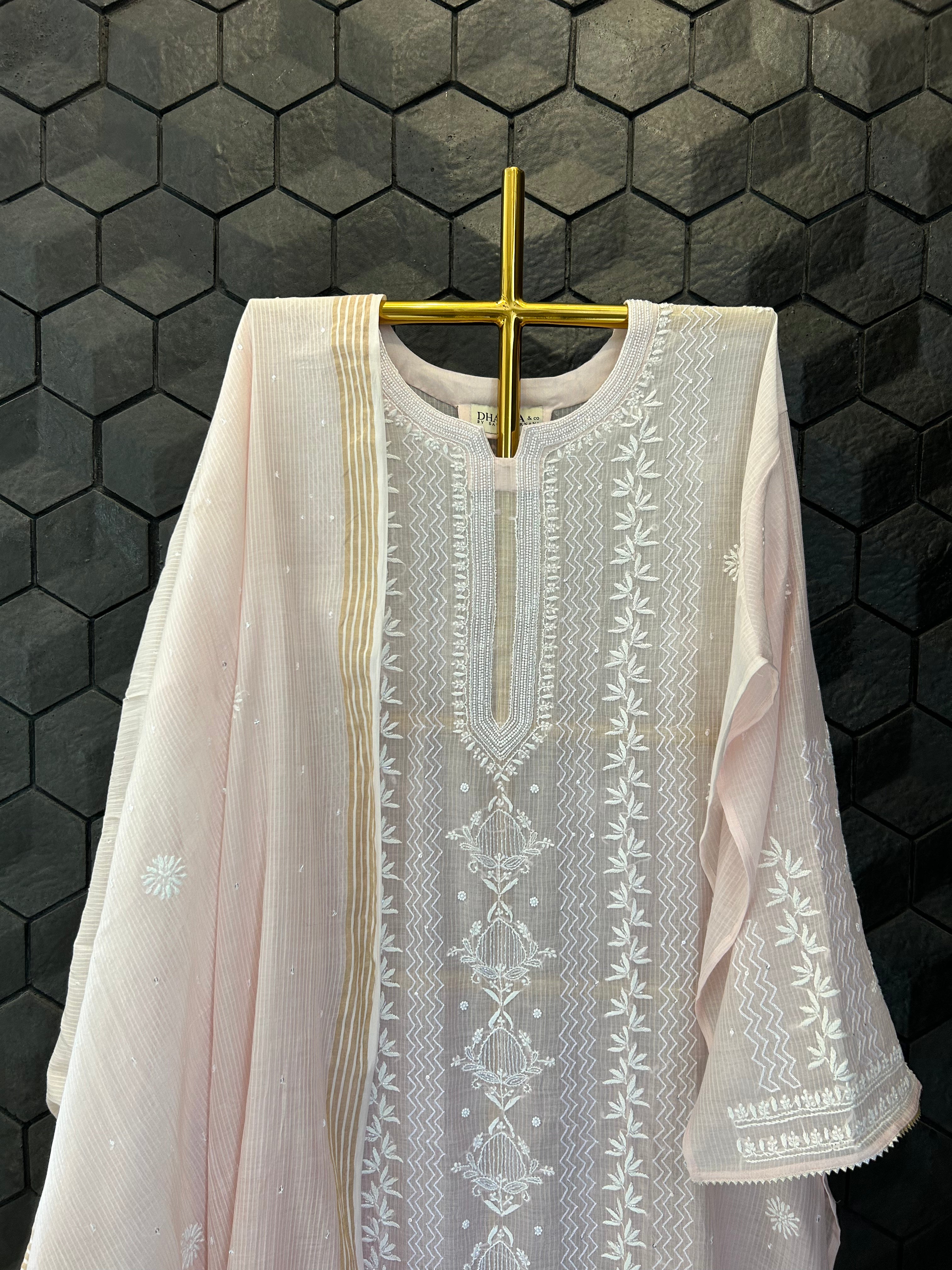 Pink Maheshwari Chikankari Kurta Set