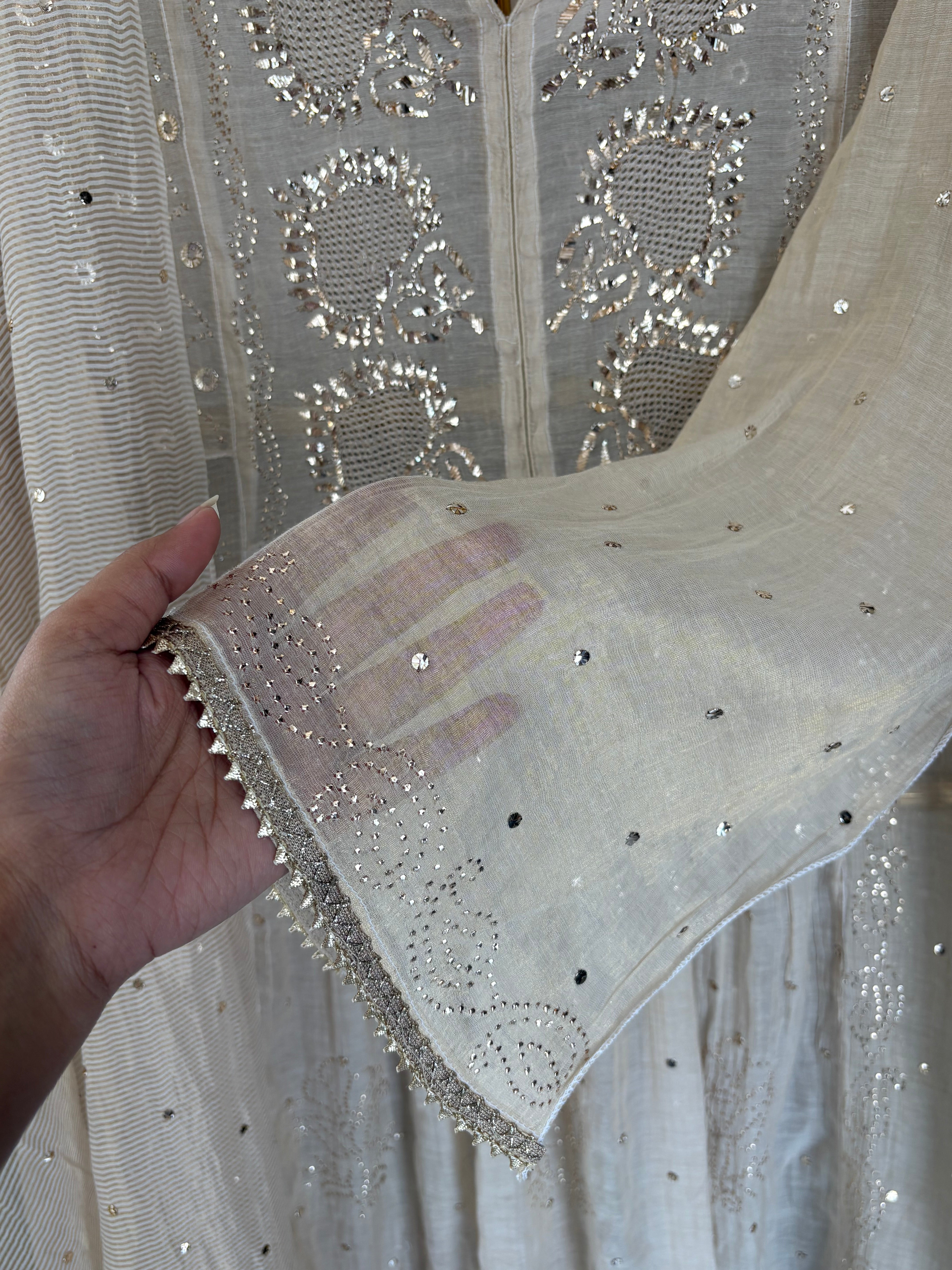 Beige Tissue Mukaish Kurta Set