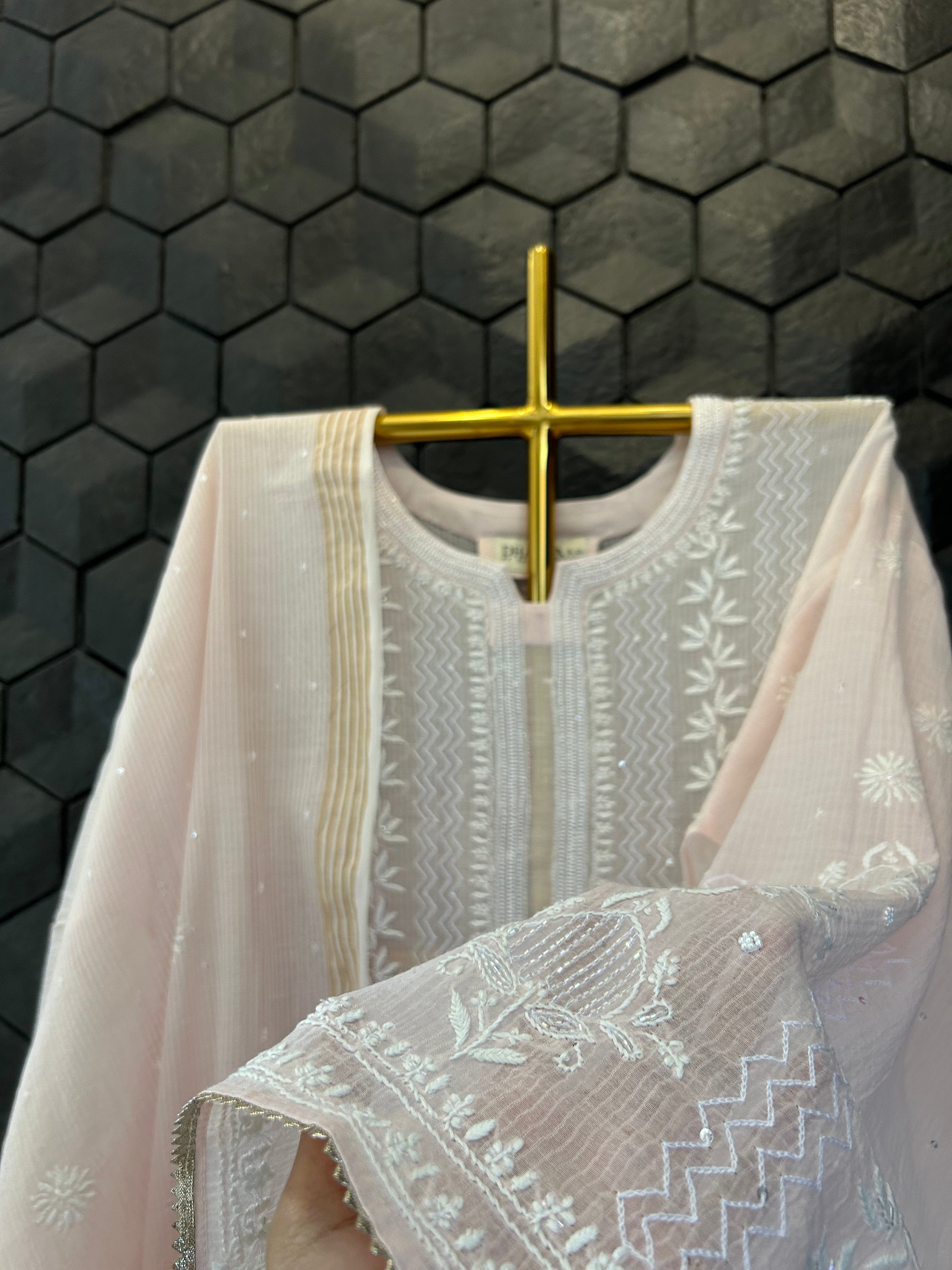 Pink Maheshwari Chikankari Kurta Set