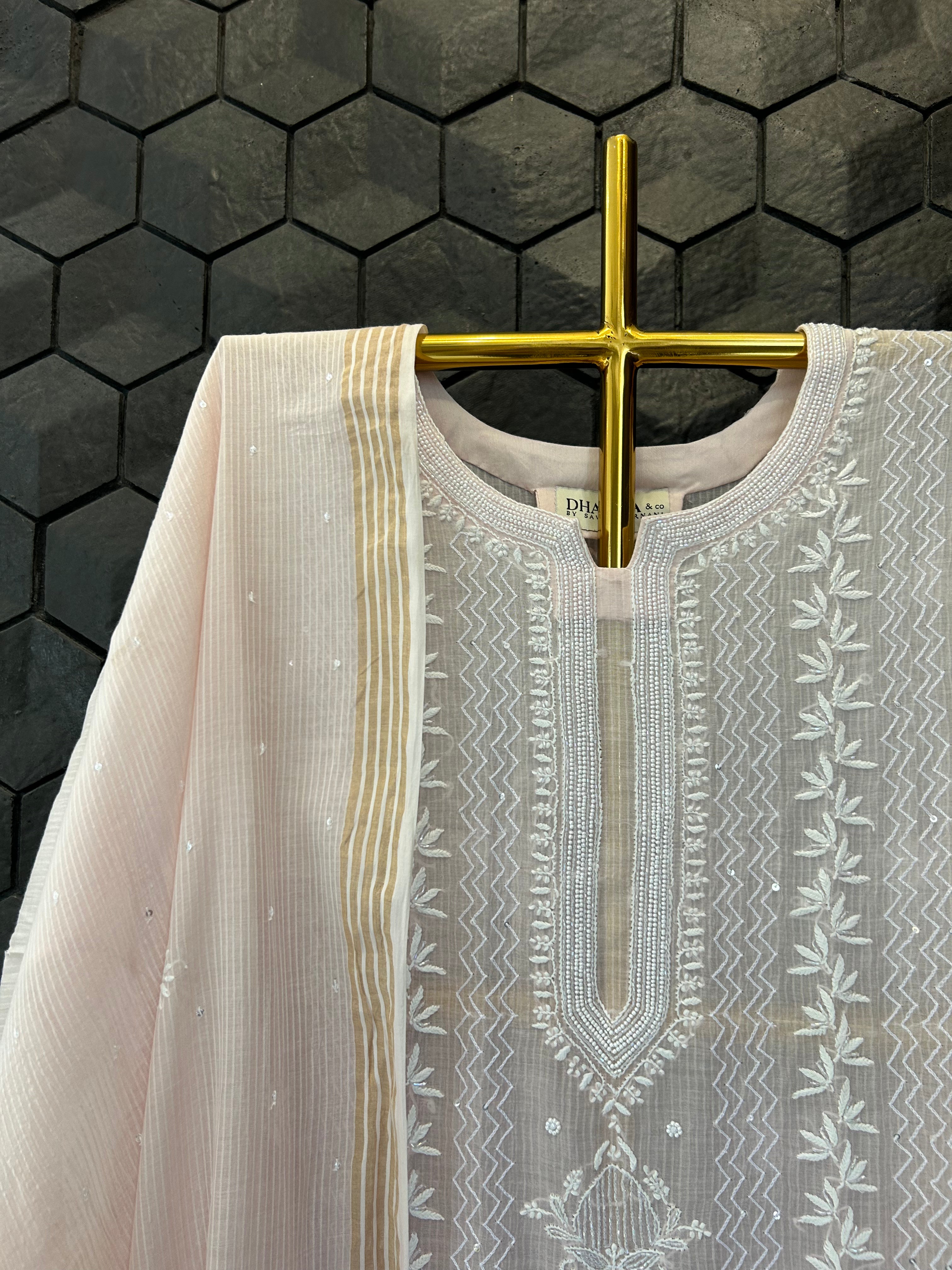 Pink Maheshwari Chikankari Kurta Set