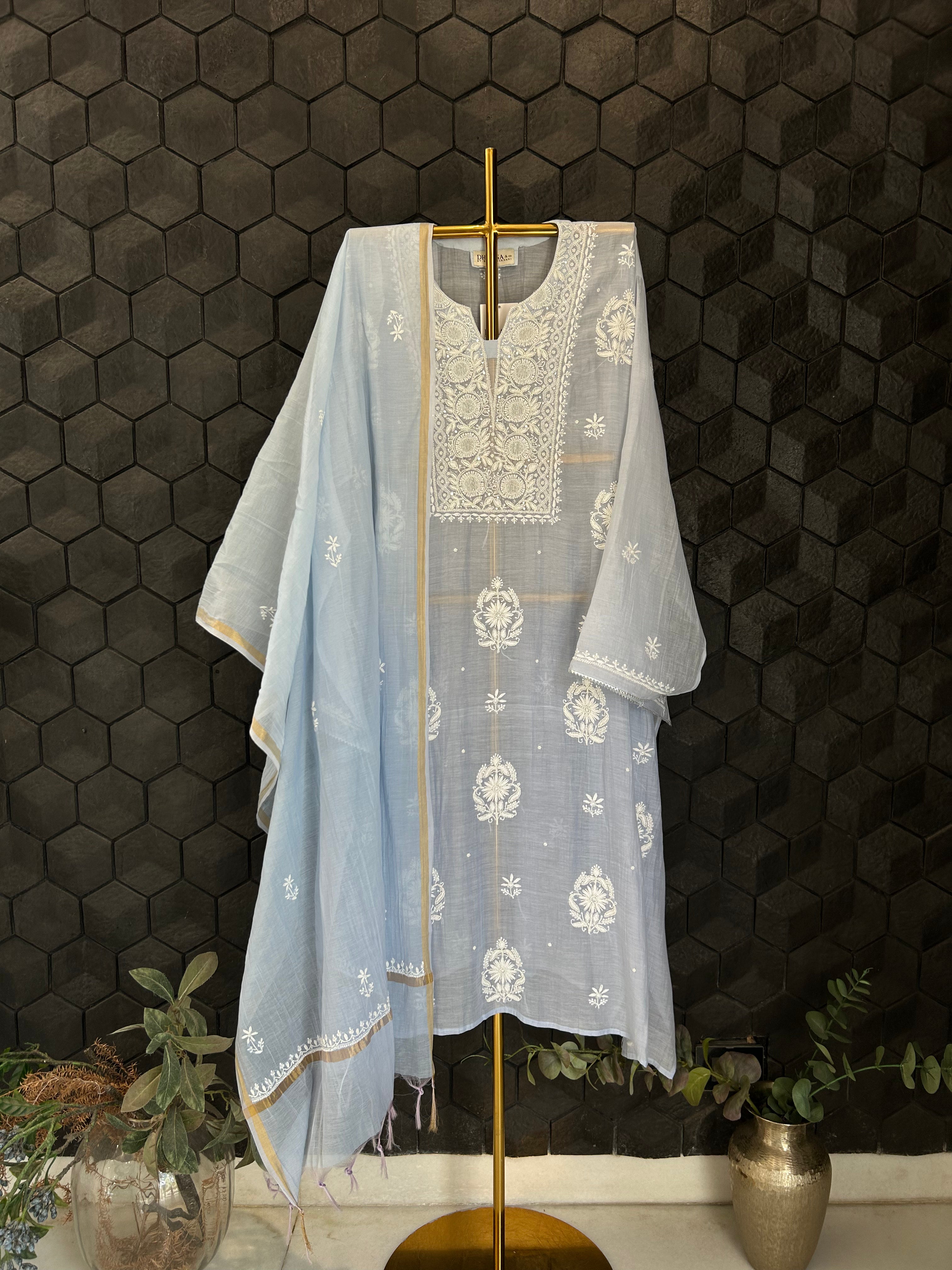 Blue Mul Chanderi Chikankari Kurta Set