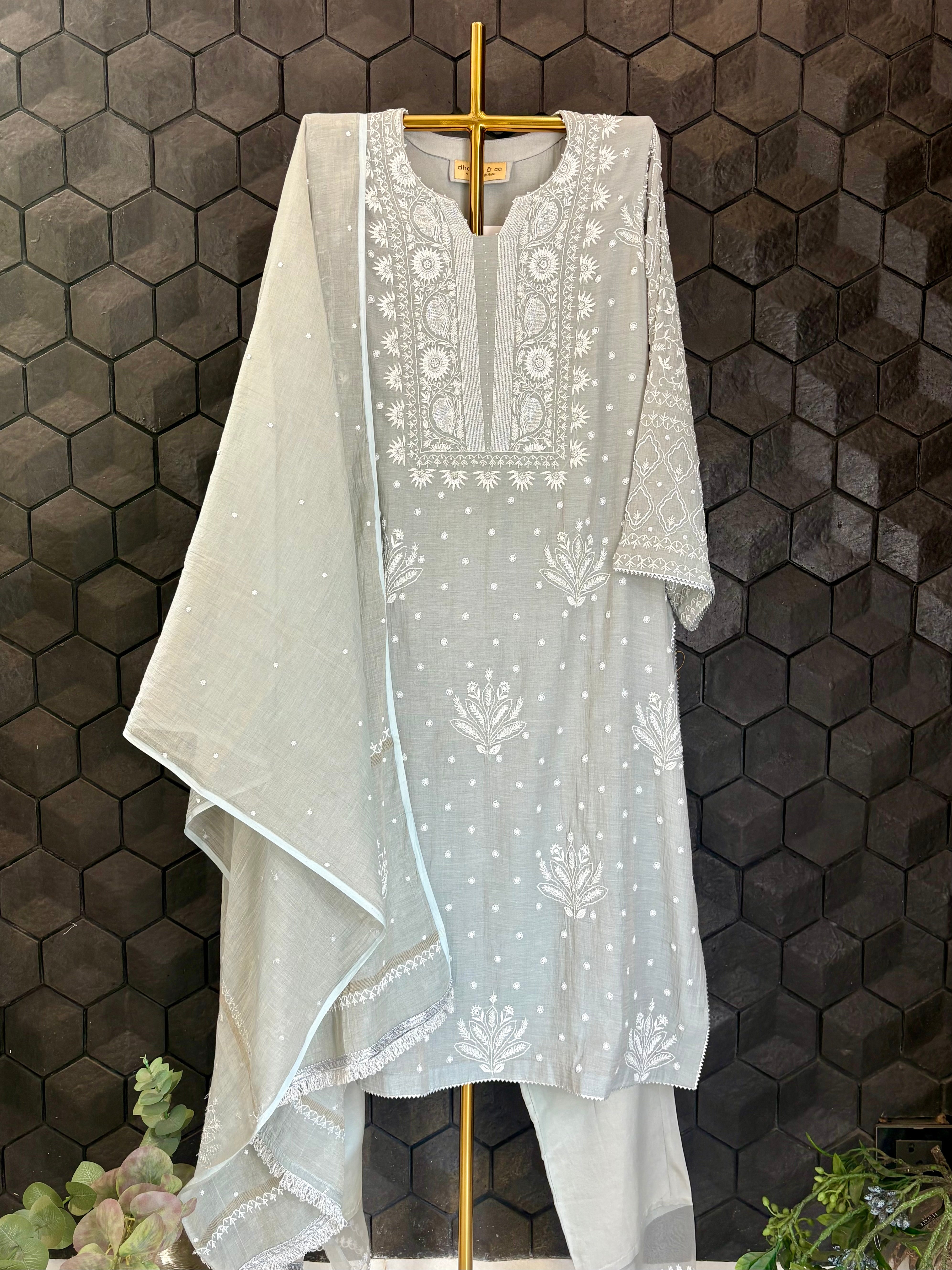 Grey Tissue Chikankari Kurta Set