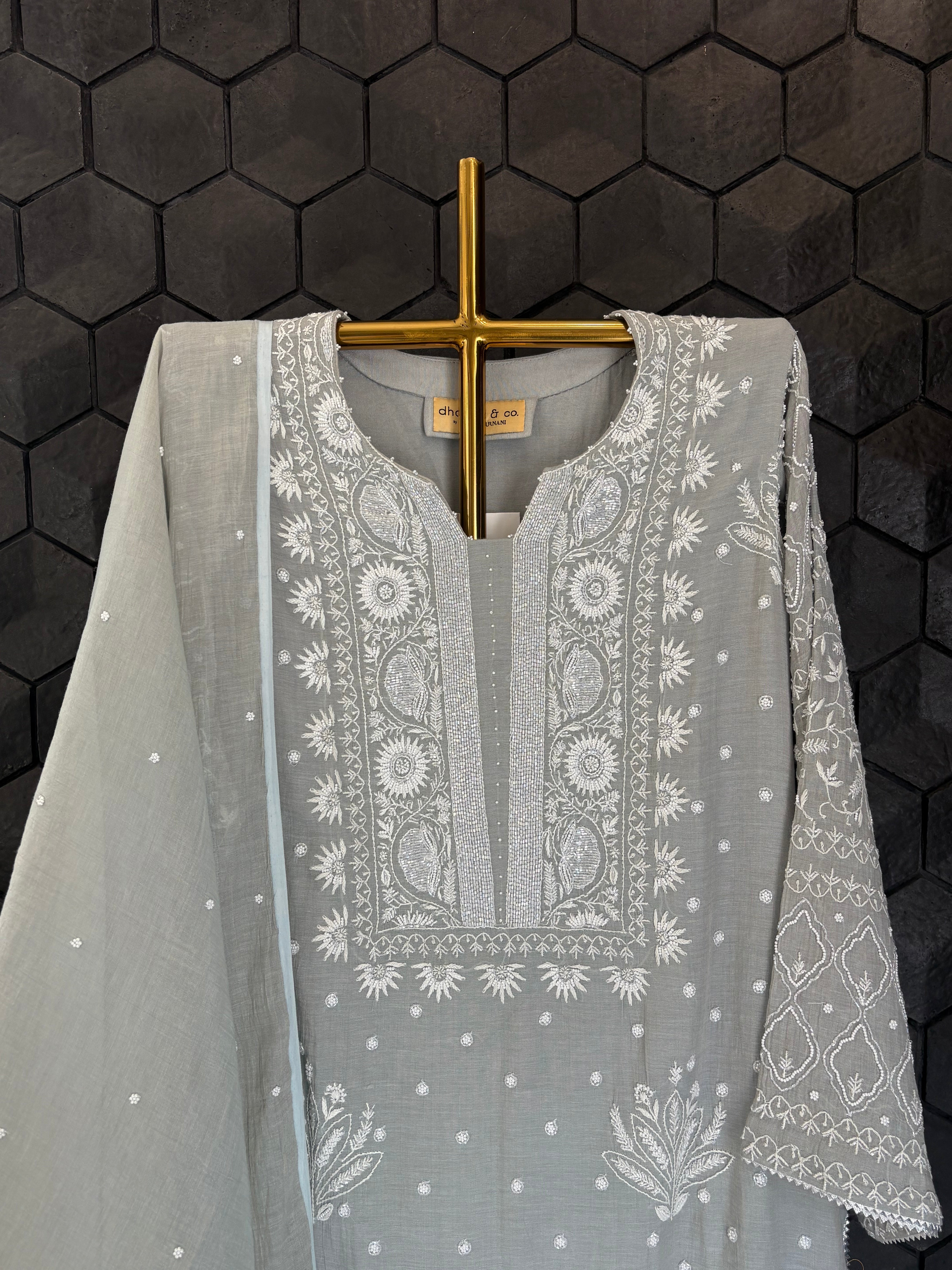 Grey Tissue Chikankari Kurta Set