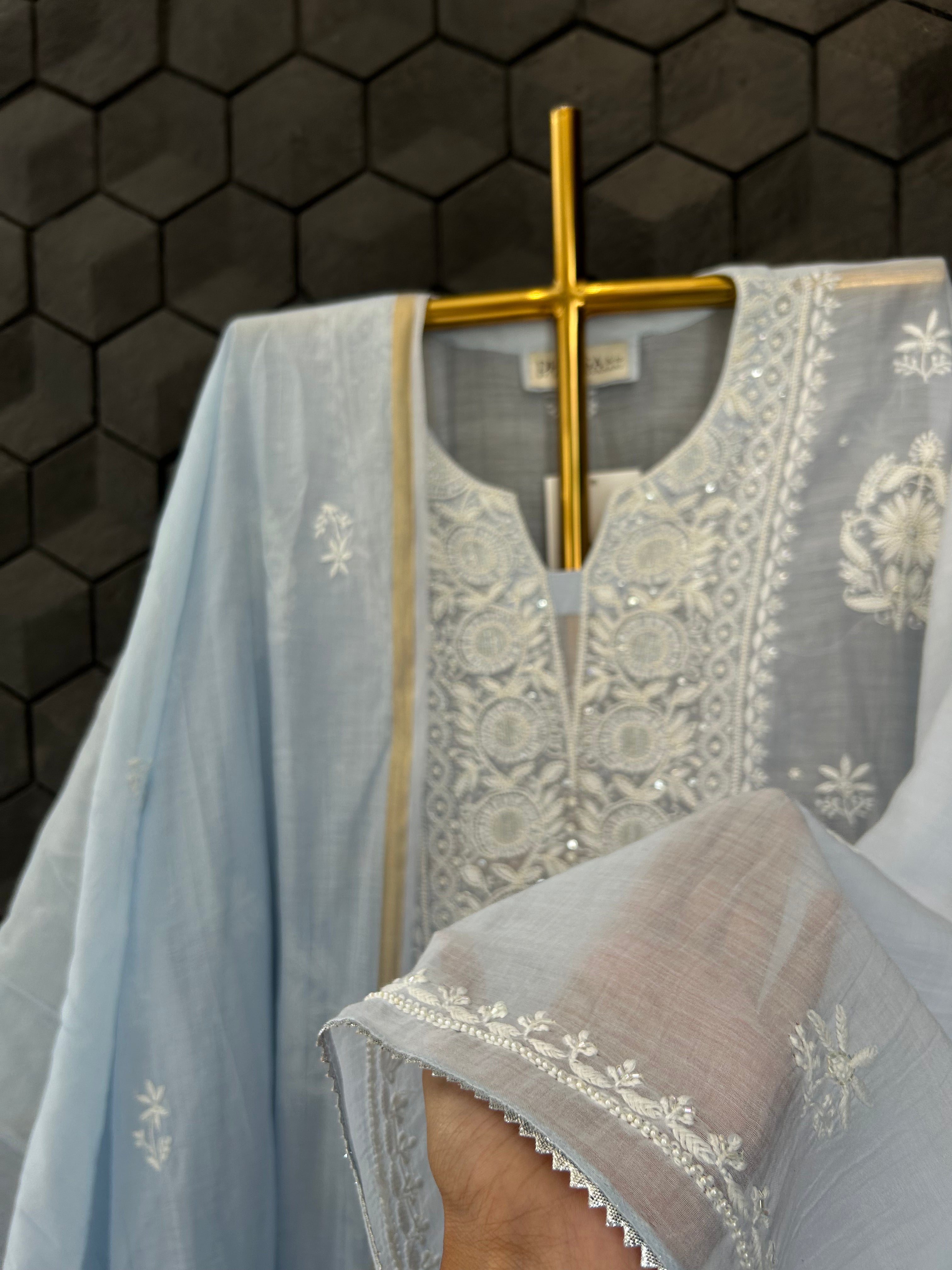 Blue Mul Chanderi Chikankari Kurta Set