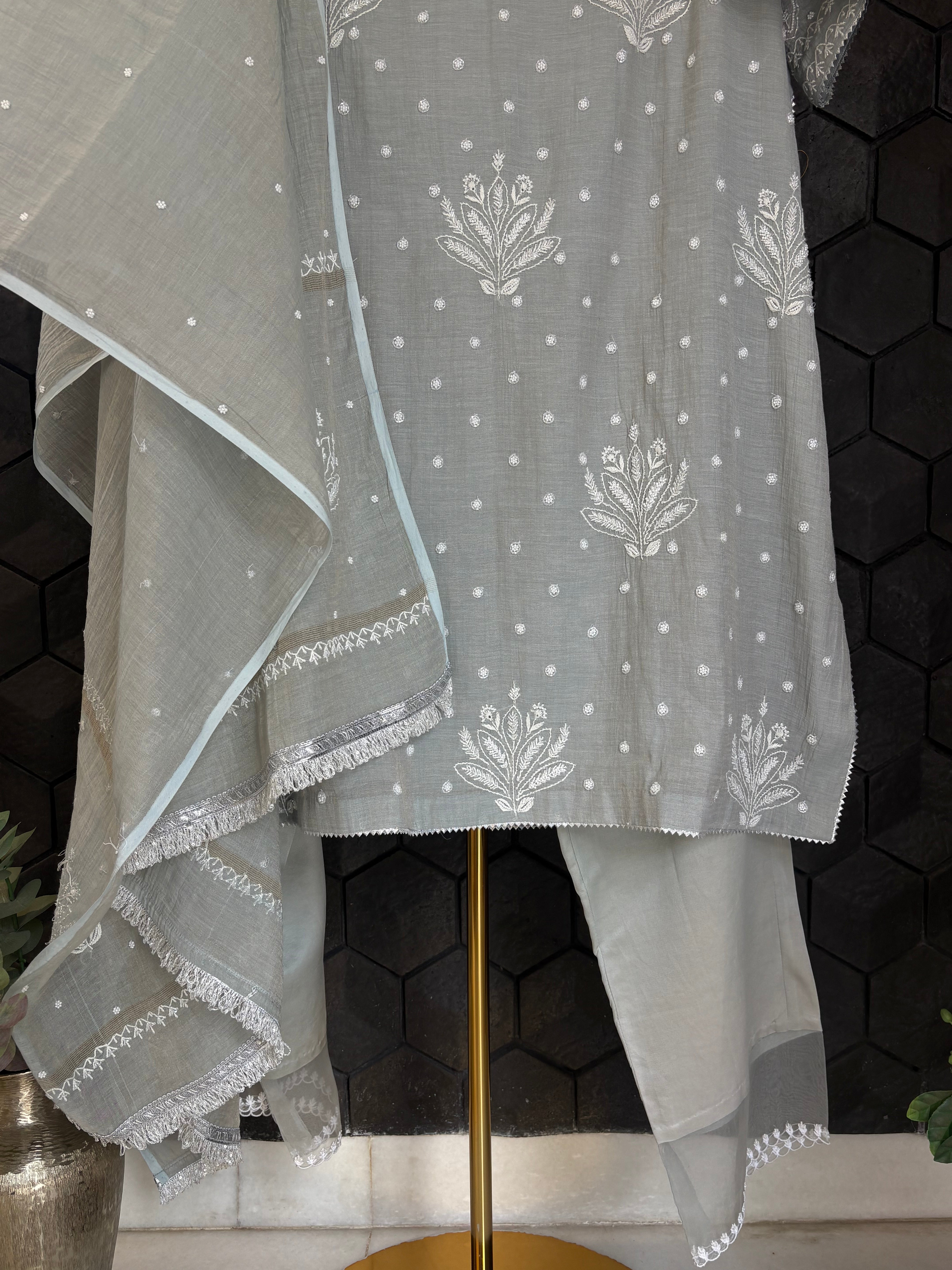 Grey Tissue Chikankari Kurta Set
