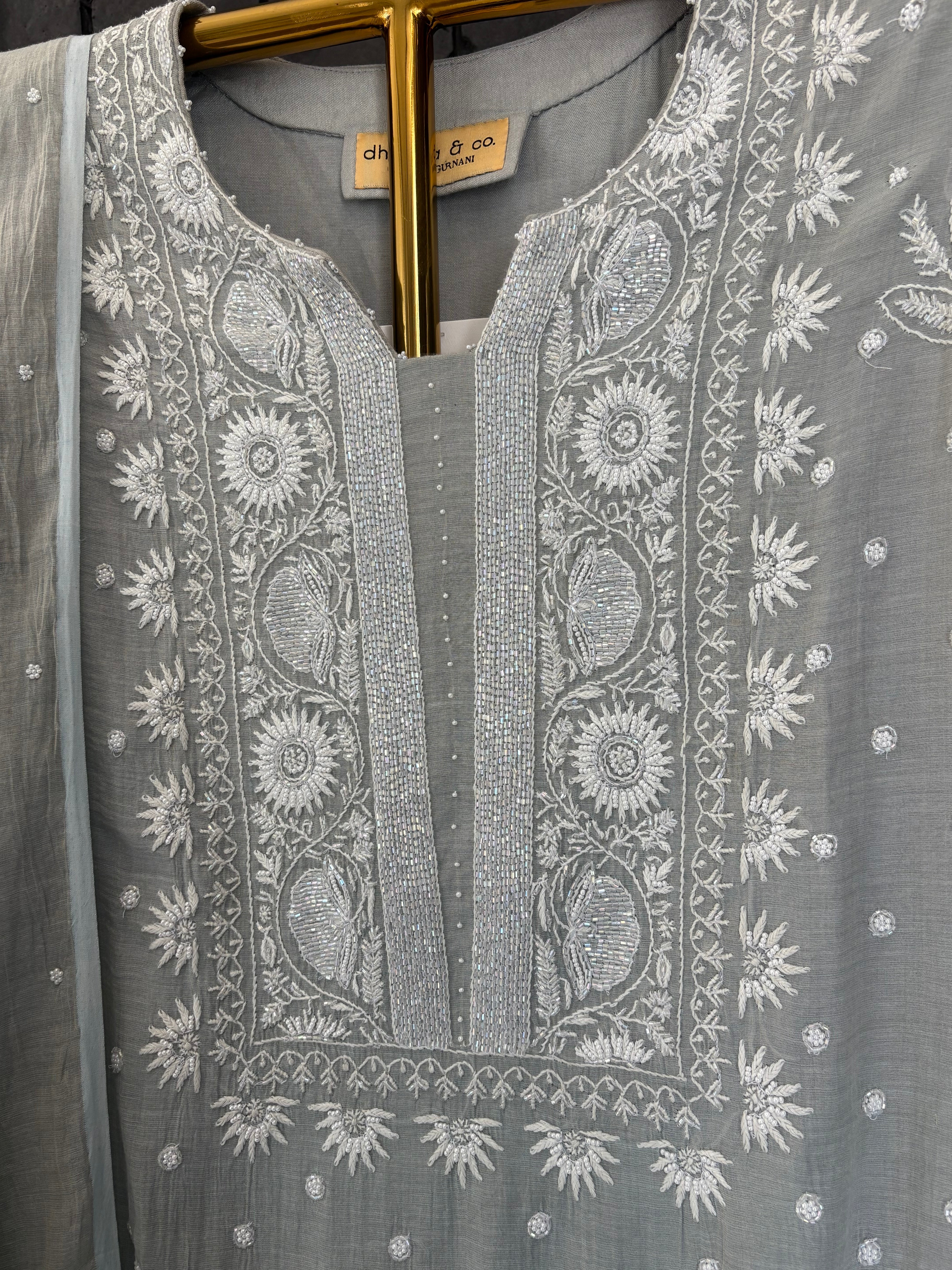 Grey Tissue Chikankari Kurta Set