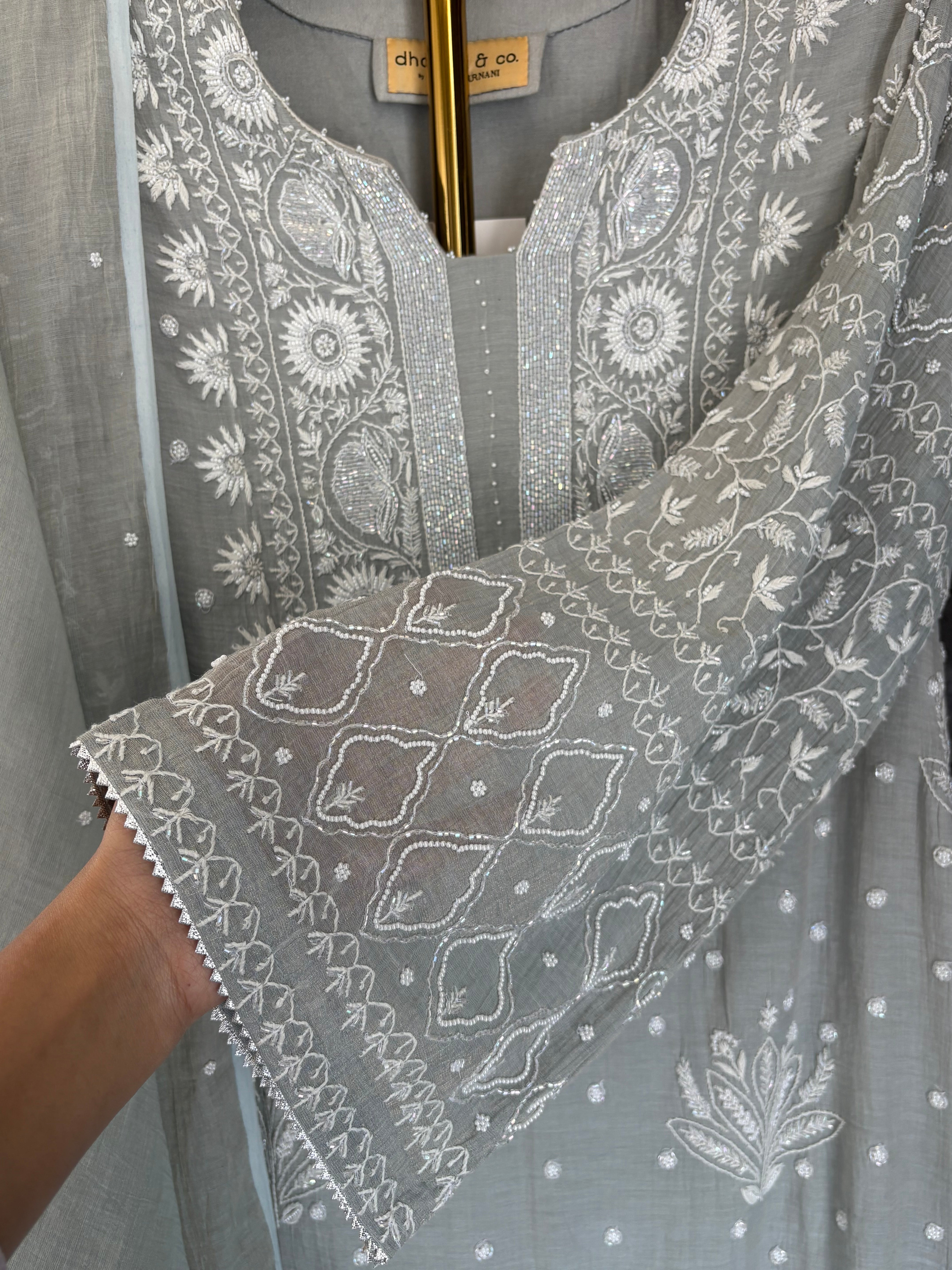 Grey Tissue Chikankari Kurta Set