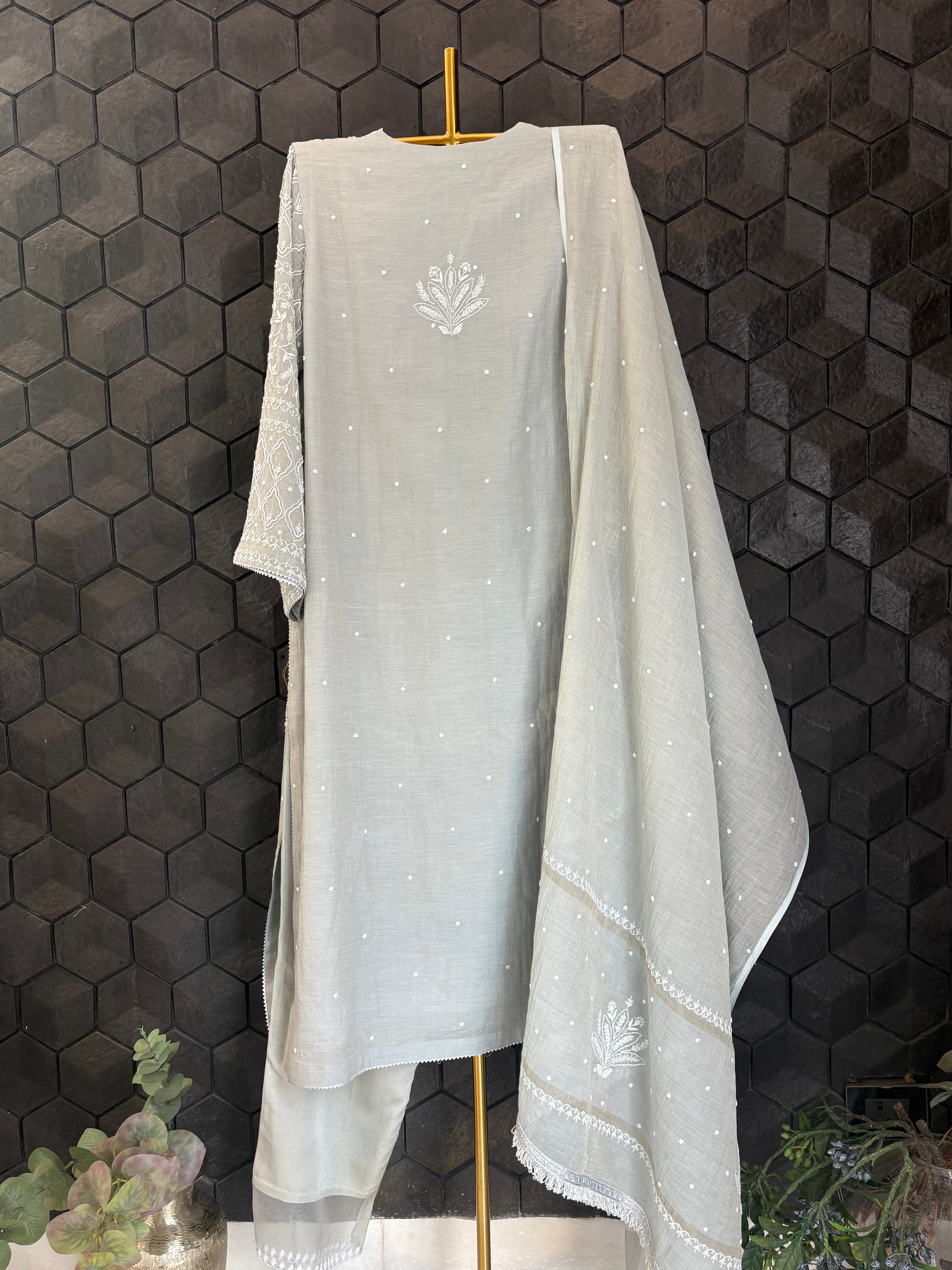 Grey Tissue Chikankari Kurta Set