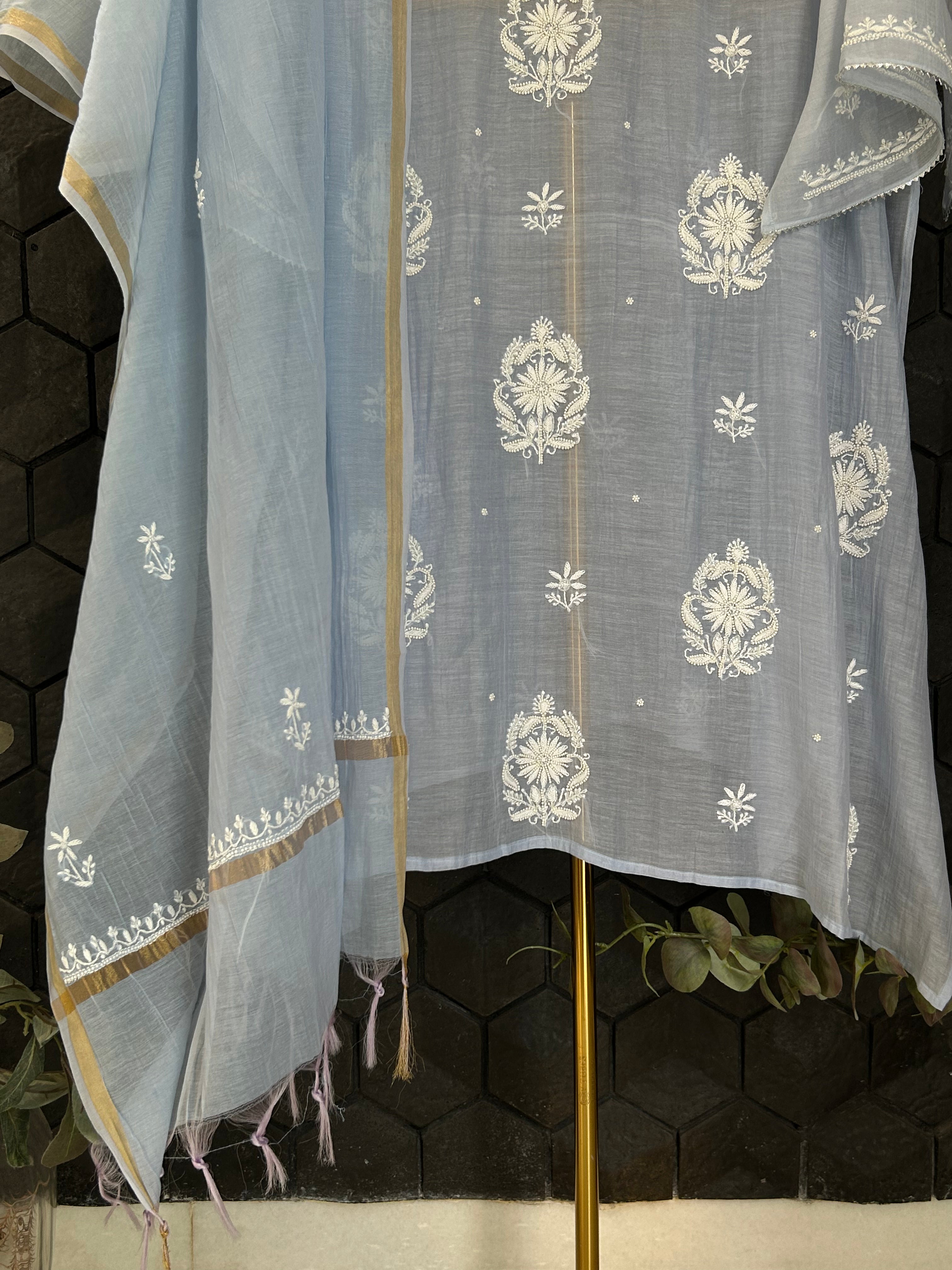 Blue Mul Chanderi Chikankari Kurta Set