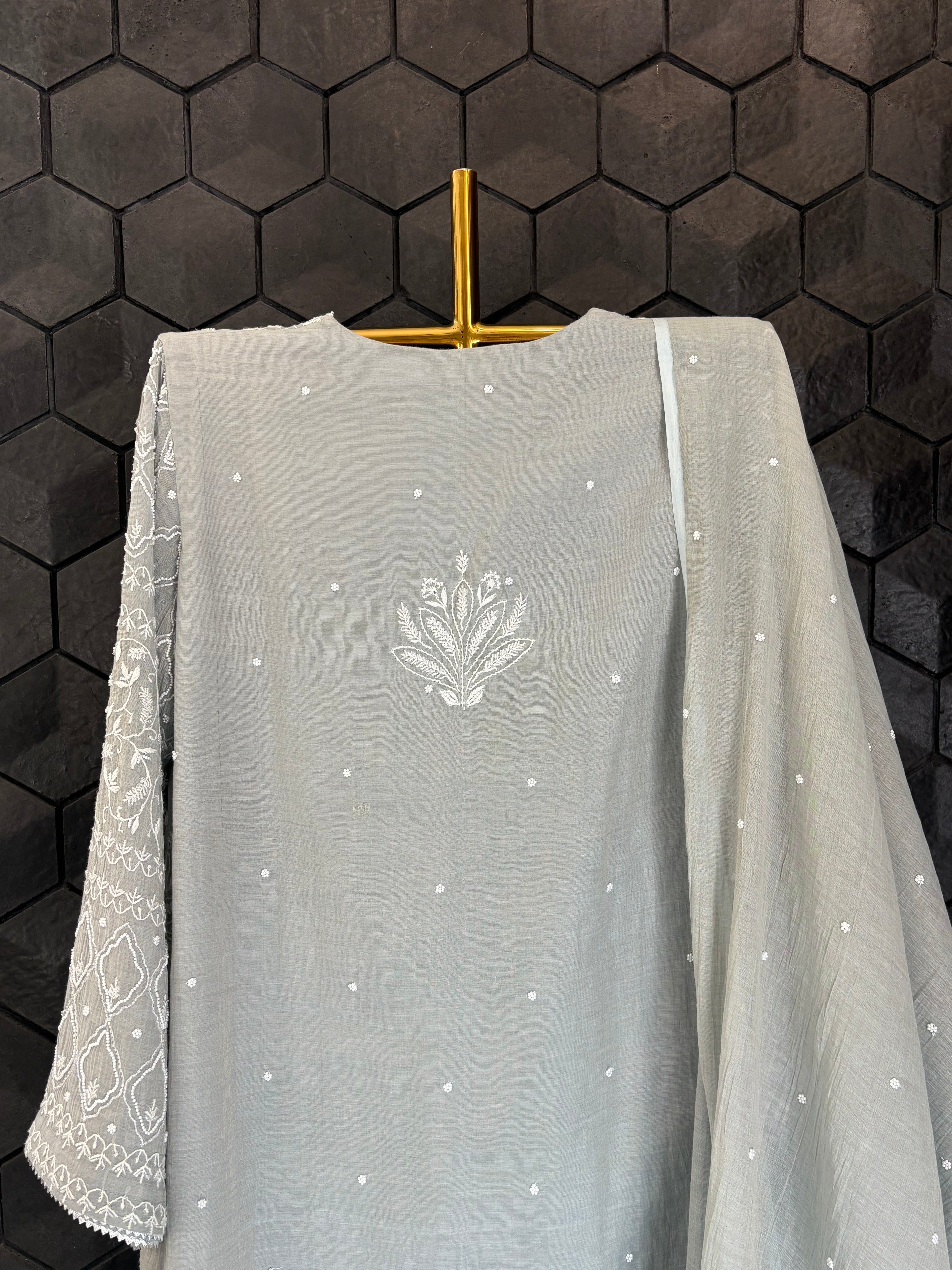 Grey Tissue Chikankari Kurta Set