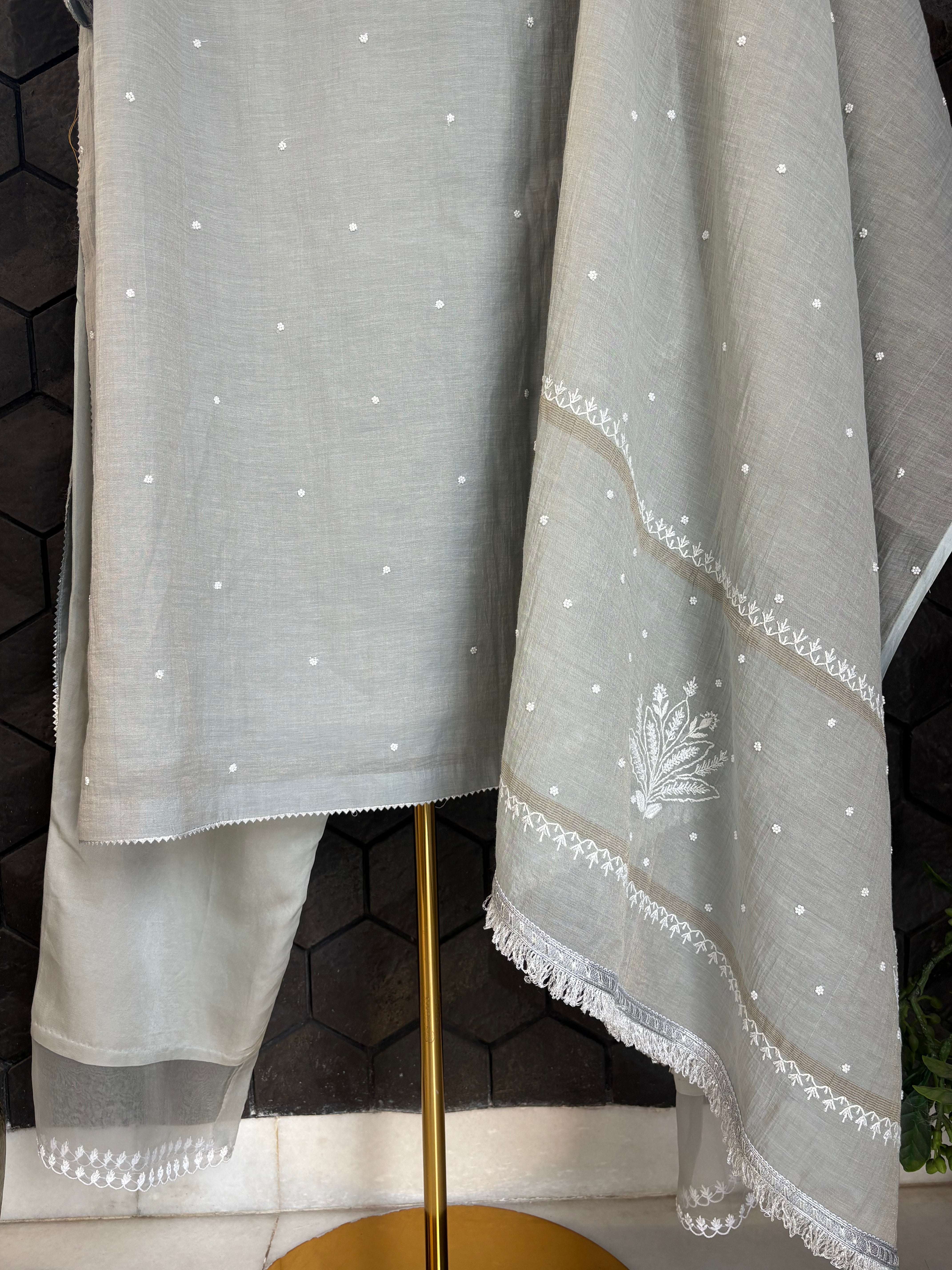 Grey Tissue Chikankari Kurta Set