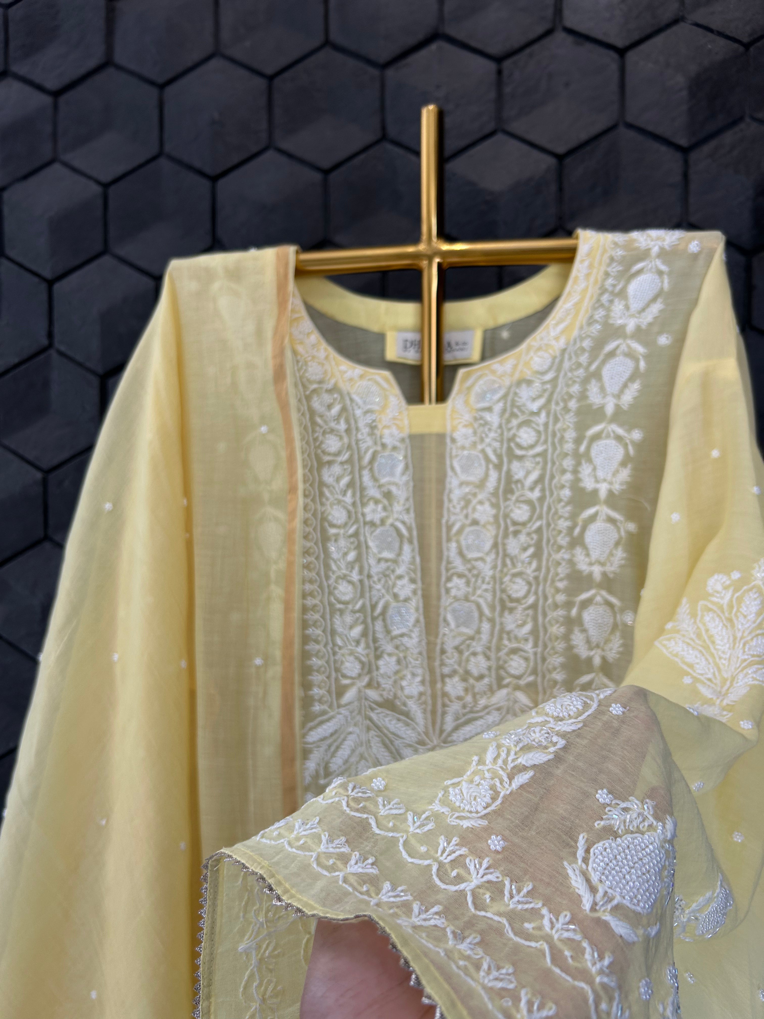 Yellow Mul Chanderi Chikankari Kurta Set