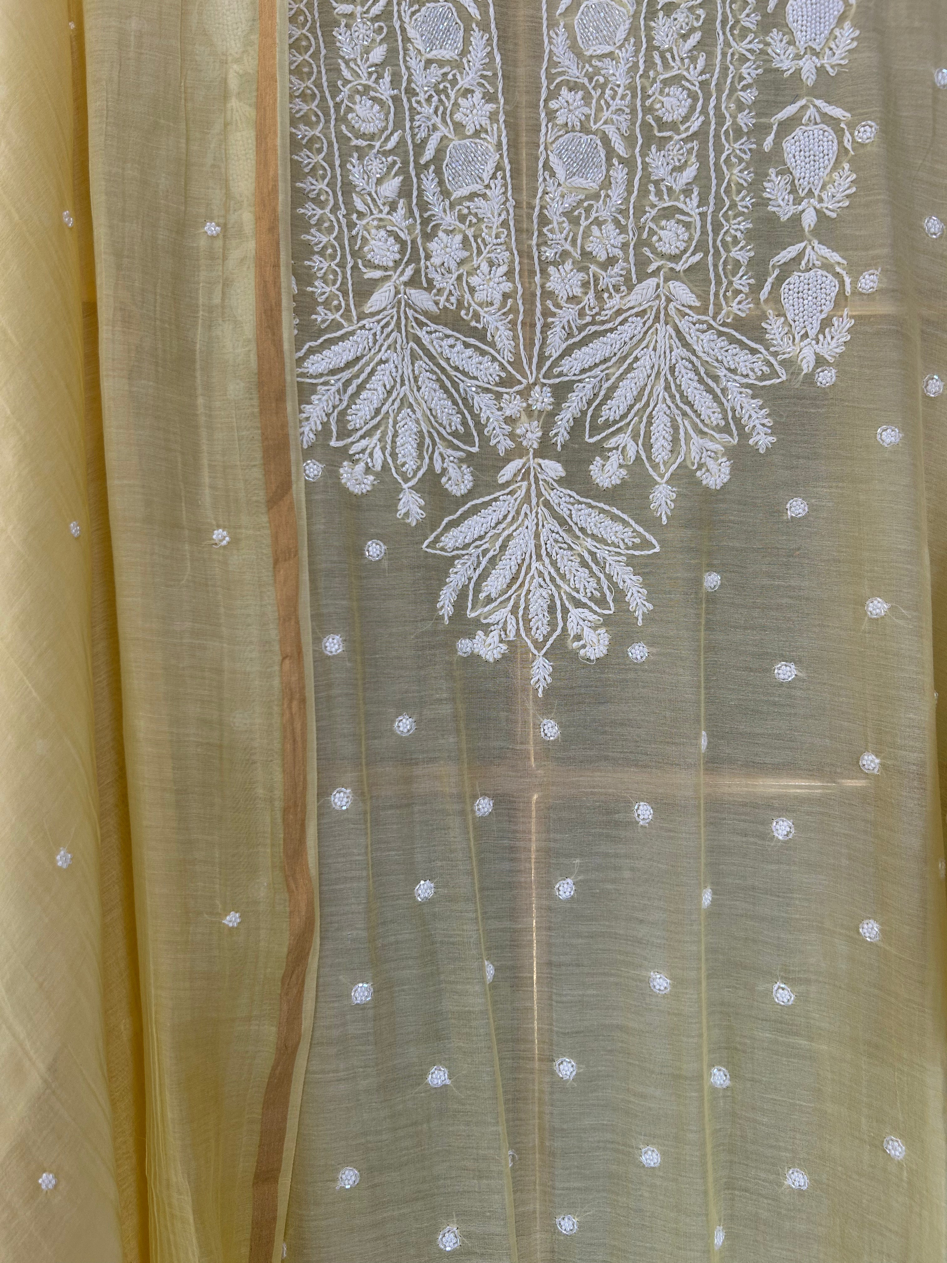 Yellow Mul Chanderi Chikankari Kurta Set