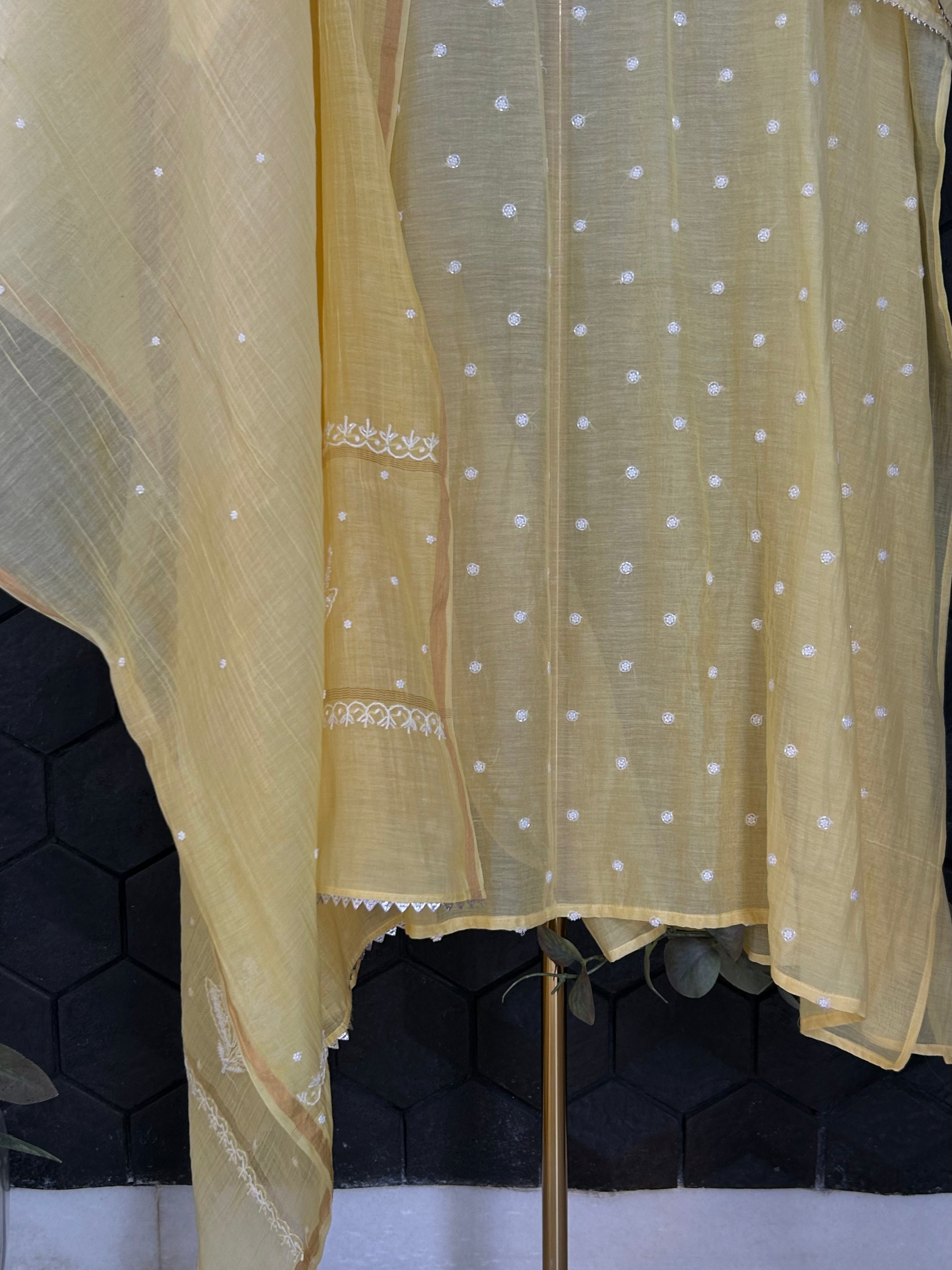 Yellow Mul Chanderi Chikankari Kurta Set