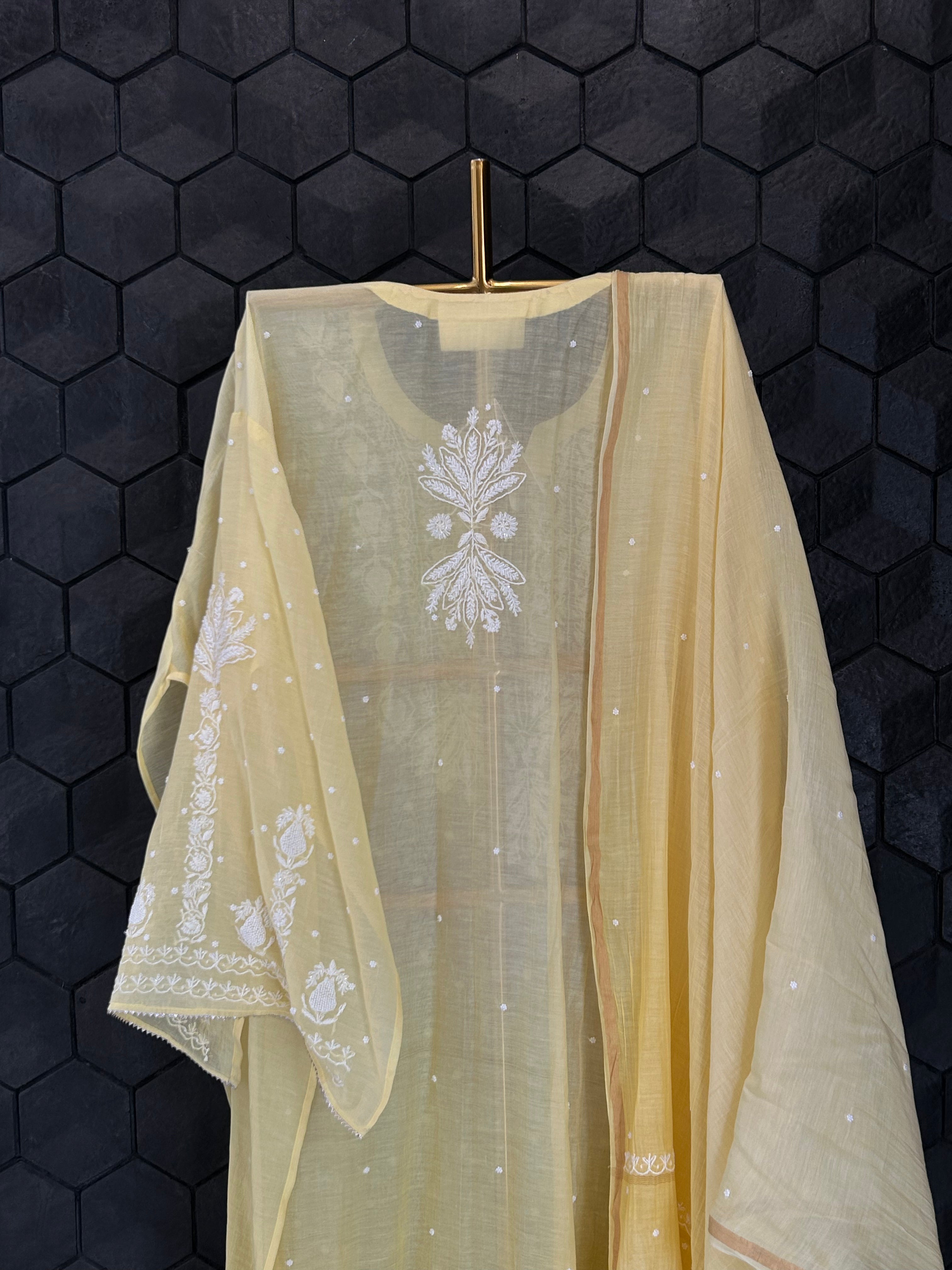 Yellow Mul Chanderi Chikankari Kurta Set