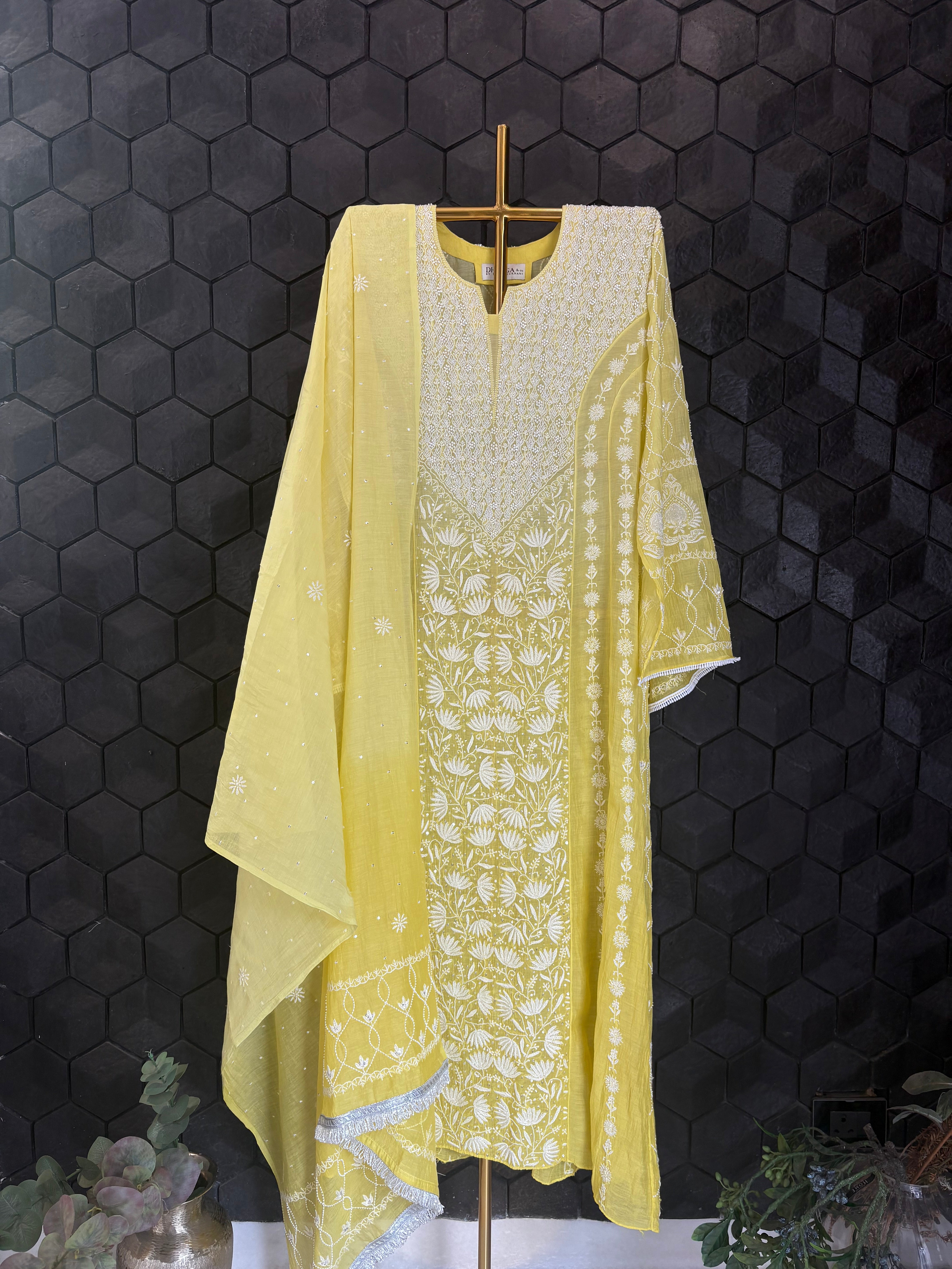 Lime Green Mul Chanderi Anarkali Set