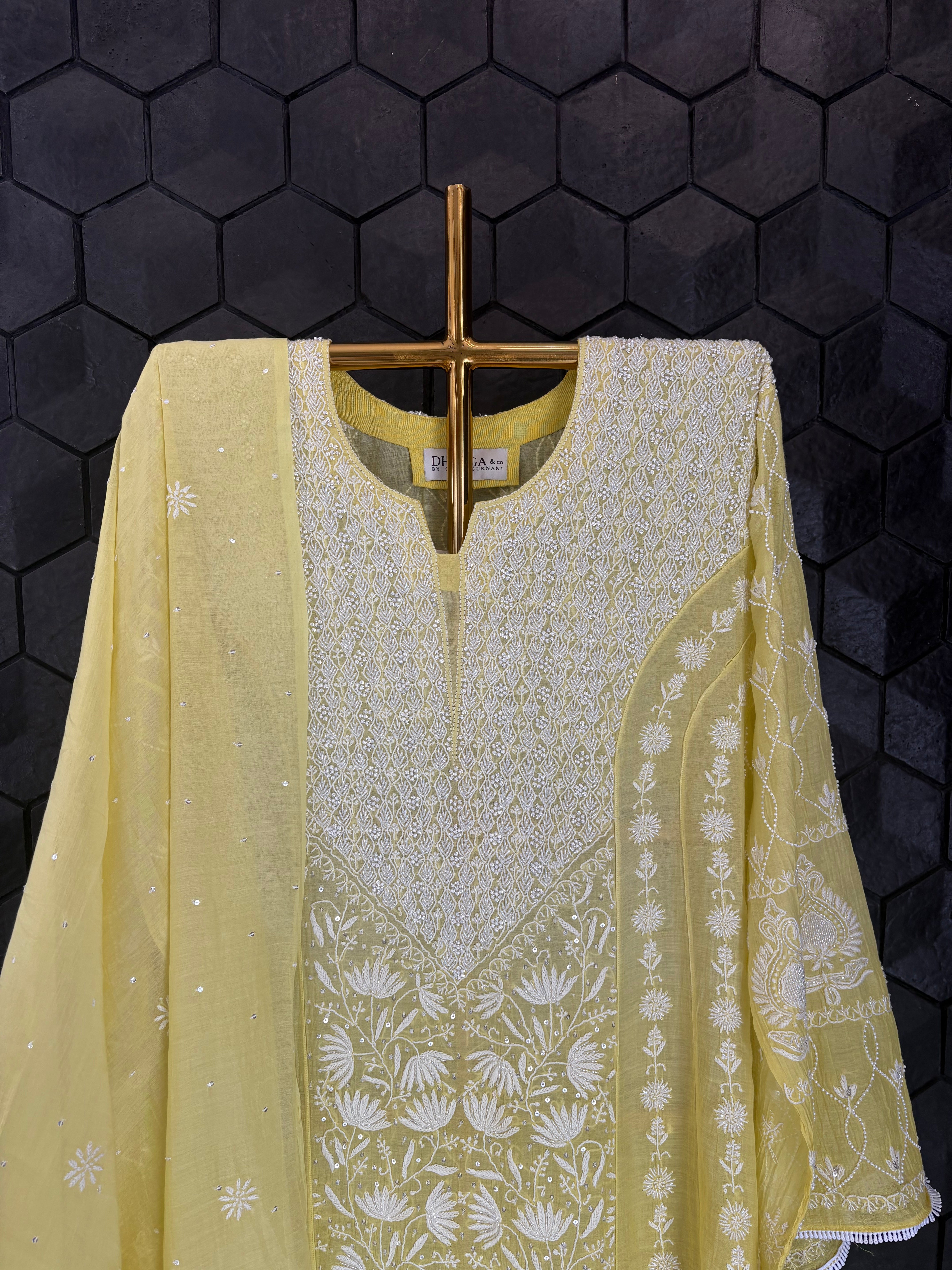 Lime Green Mul Chanderi Anarkali Set
