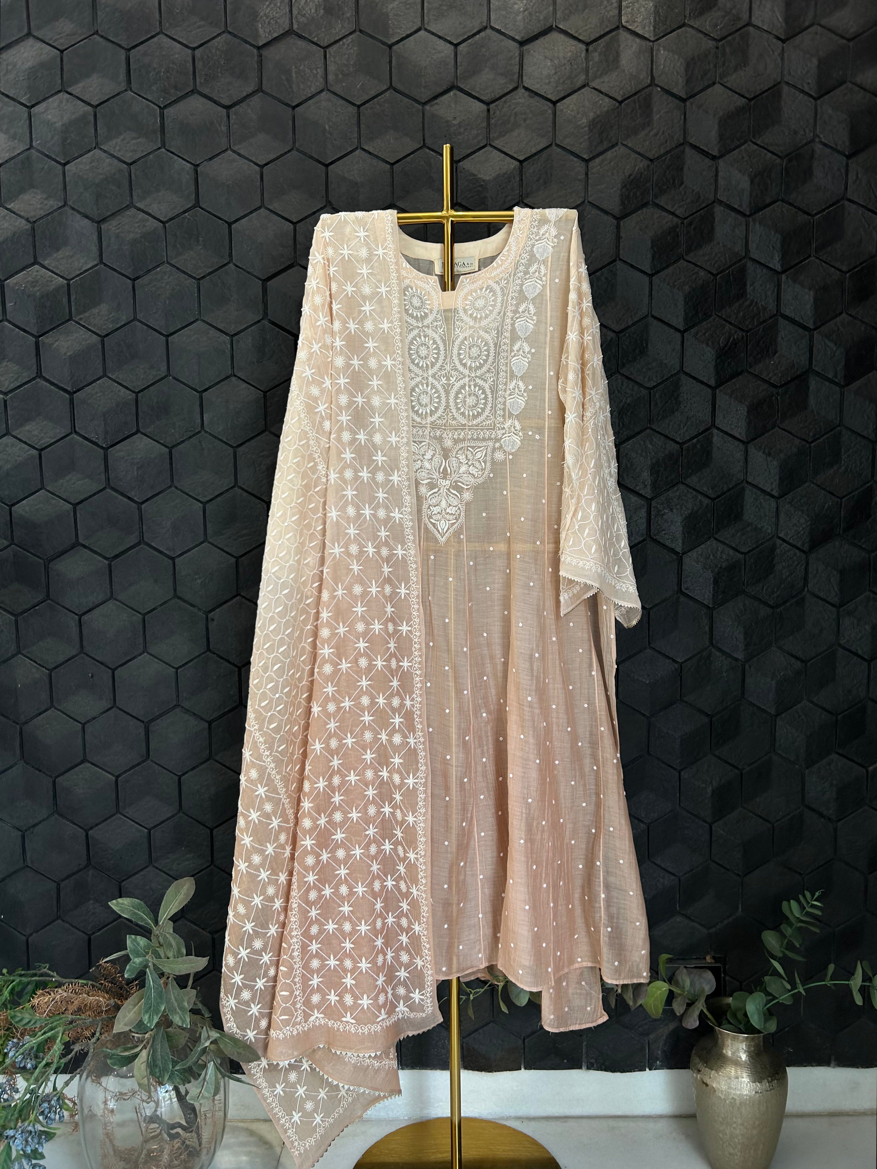 Peach Ombre Mul Chanderi Chikankari Anarkali Set