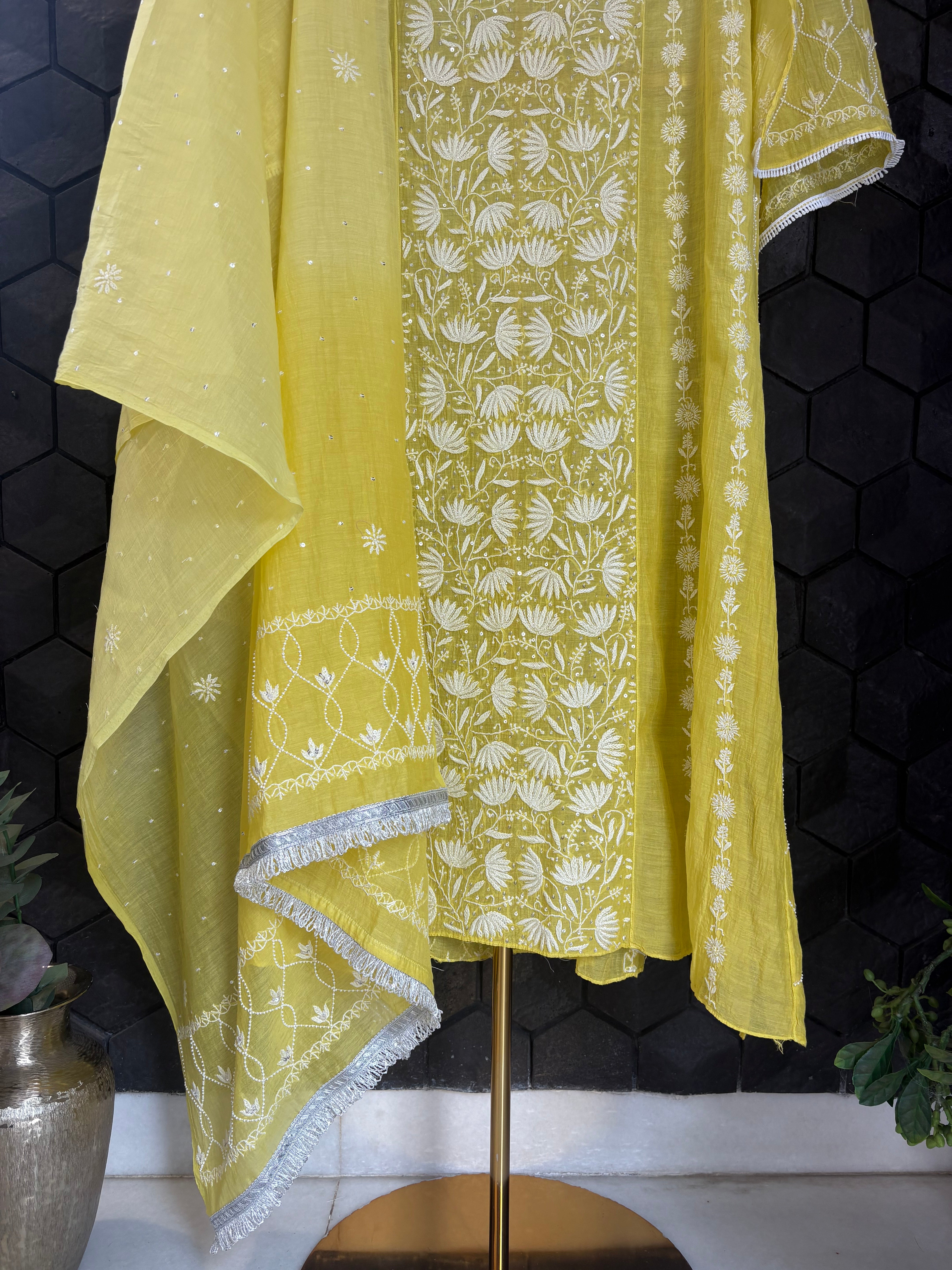 Lime Green Mul Chanderi Anarkali Set