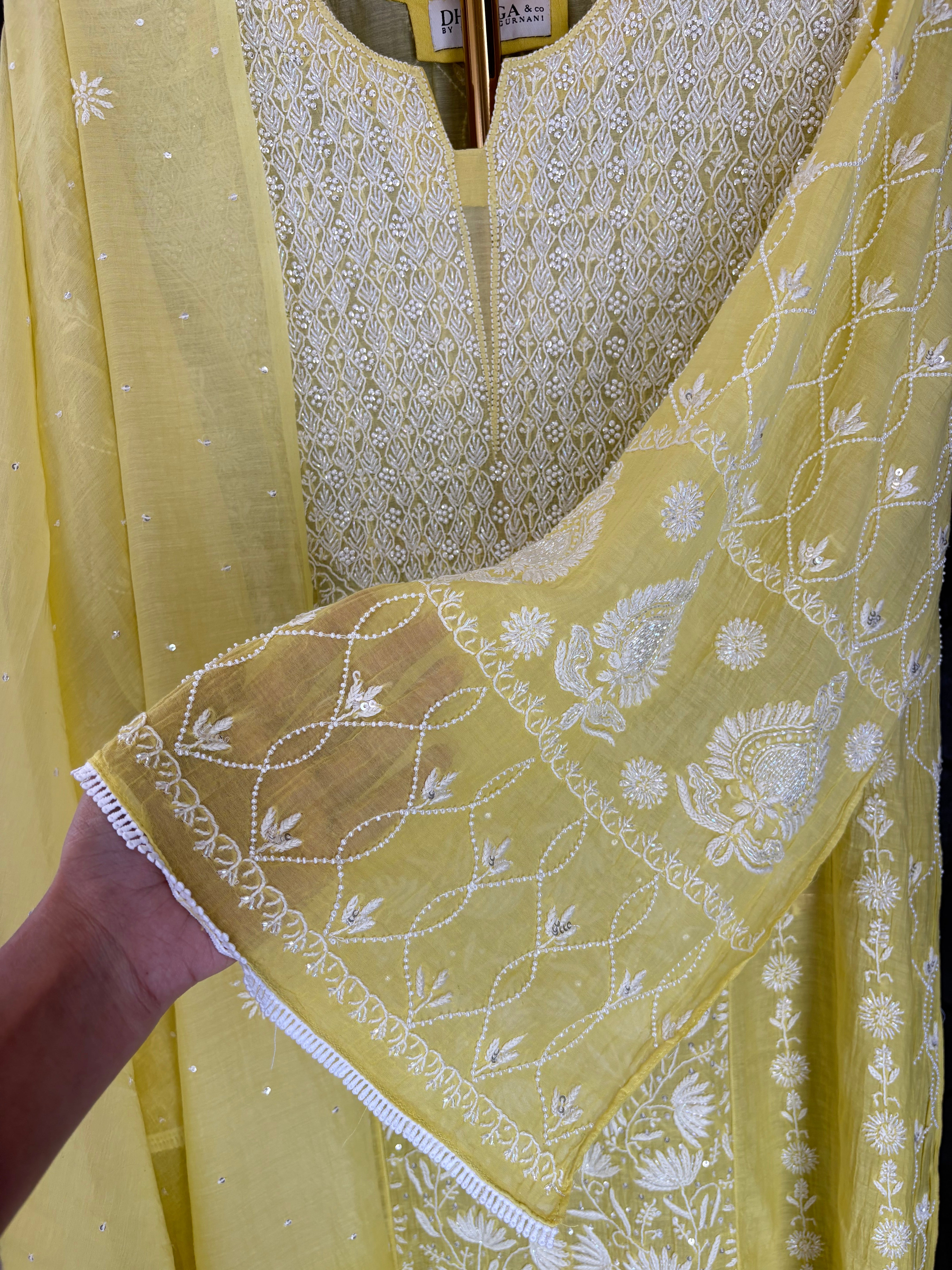 Lime Green Mul Chanderi Anarkali Set