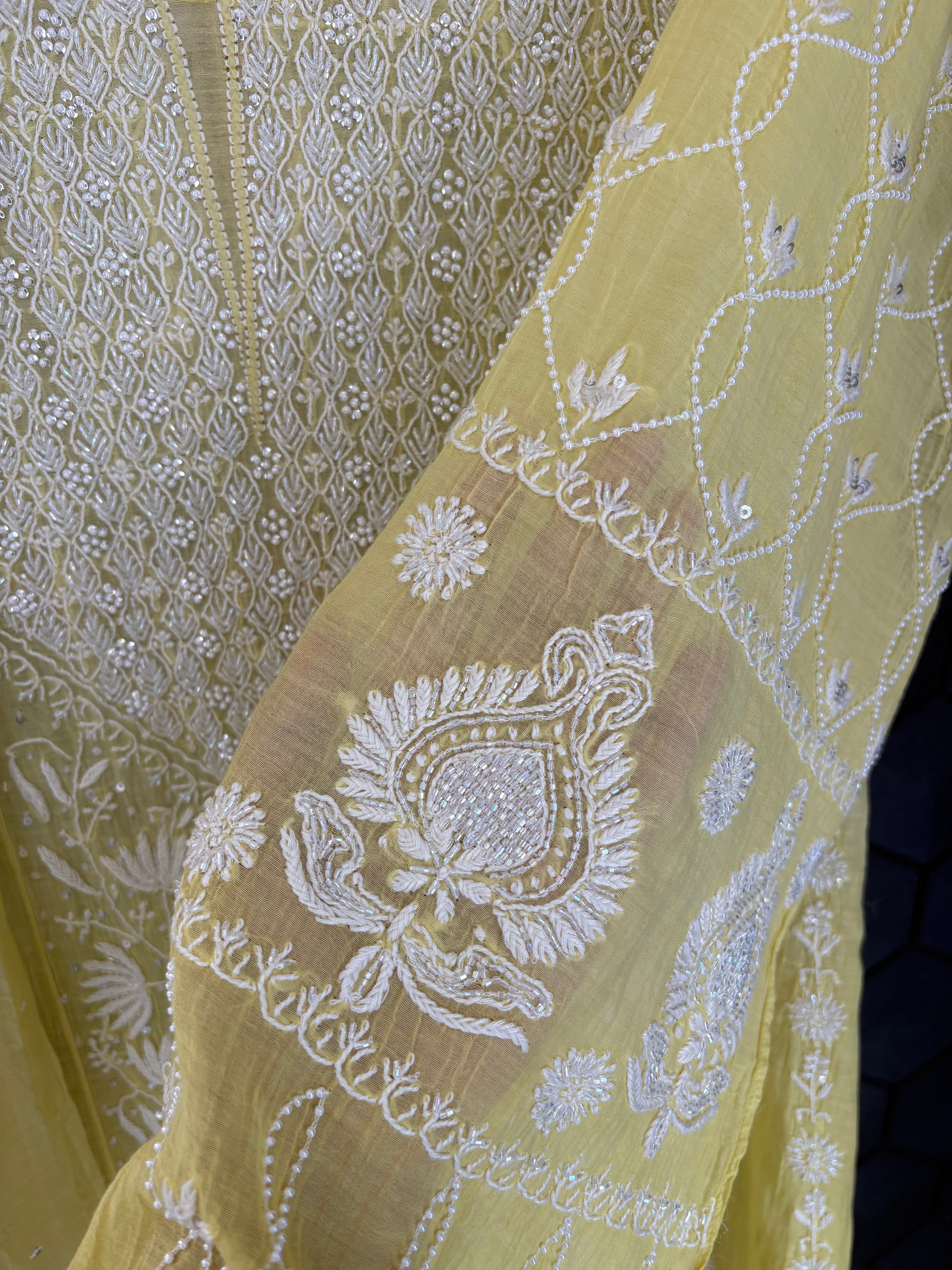 Lime Green Mul Chanderi Anarkali Set